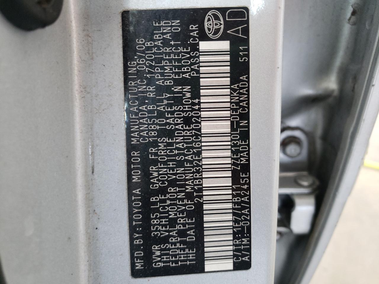 Photo 10 from auction – 2006 TOYOTA COROLLA CE with VIN 2T1BR32E16C702044