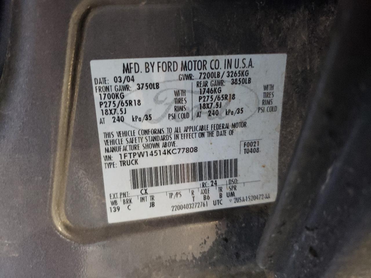 Photo 10 from auction – 2004 FORD F150 SUPER with VIN 1FTPW14514KC77808