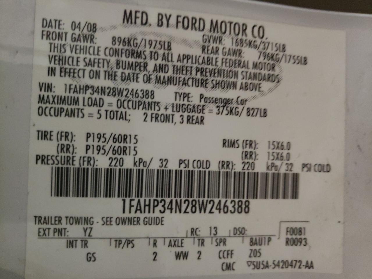Photo 10 from auction – 2008 FORD FOCUS S/SE with VIN 1FAHP34N28W246388