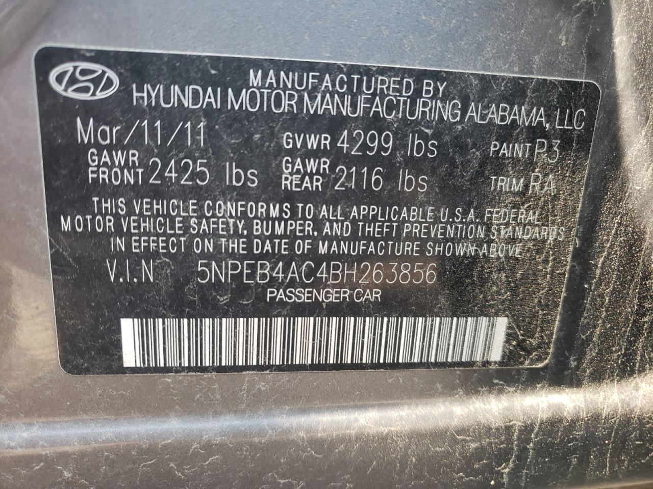 Photo 10 from auction – 2011 HYUNDAI SONATA GLS with VIN 5NPEB4AC4BH263856