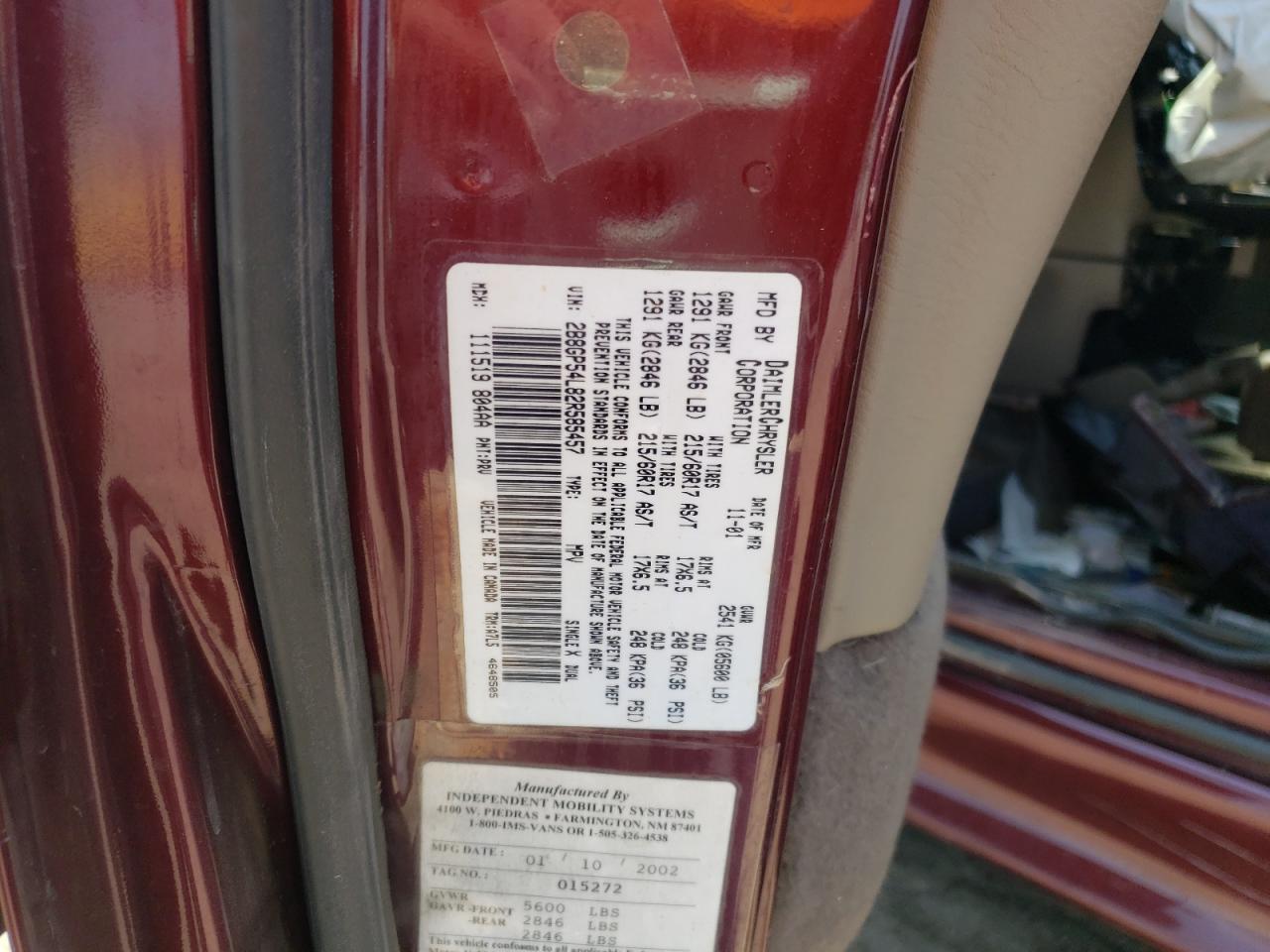 Photo 10 from auction – 2002 DODGE GRAND CARA with VIN 2B8GP54L82R585457