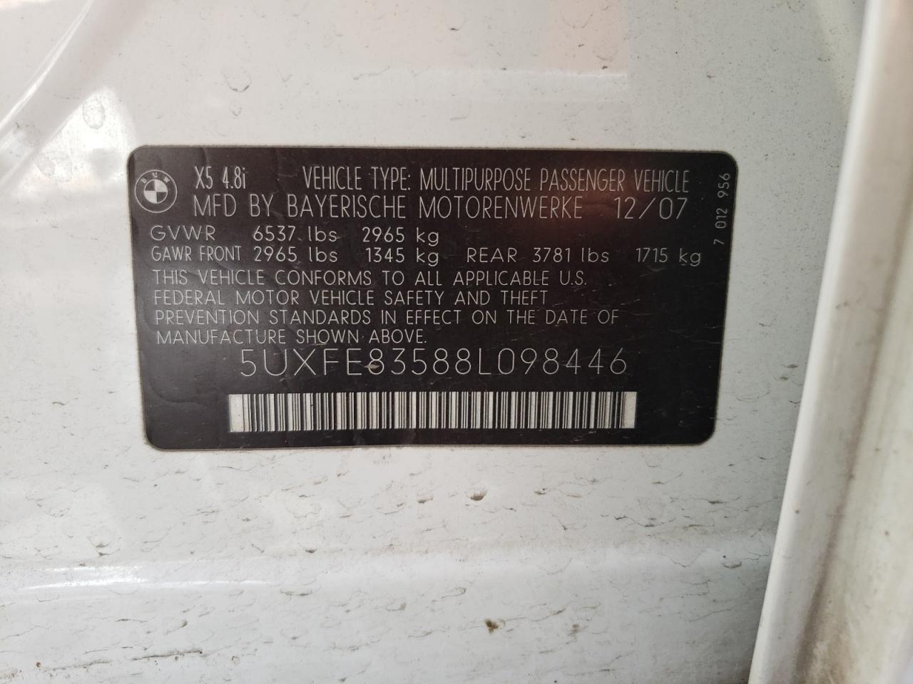 Photo 10 from auction – 2008 BMW X5 4.8I with VIN 5UXFE83588L098446