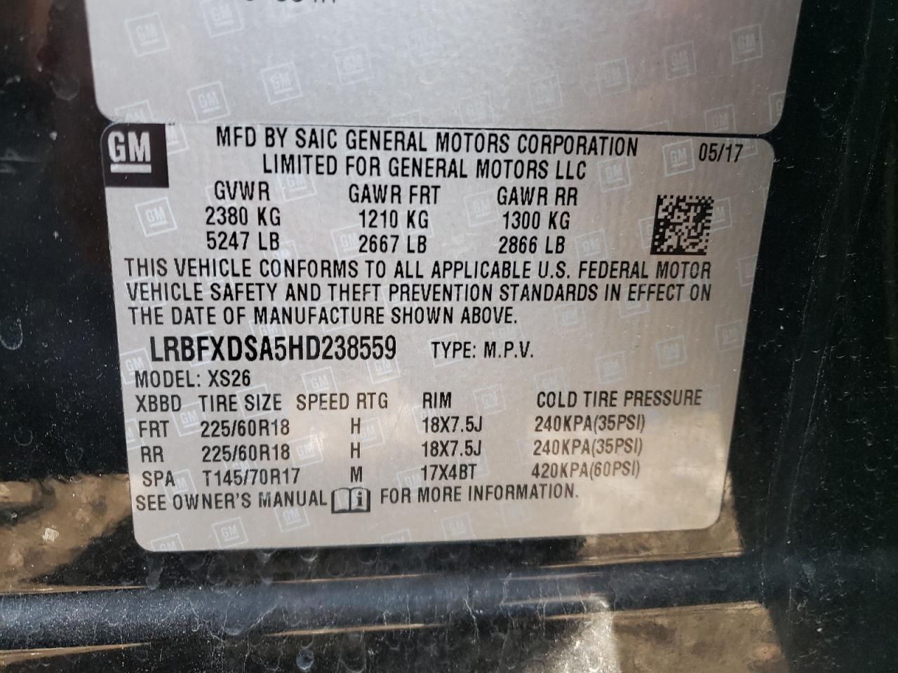 Photo 10 from auction – 2017 BUICK ENVISION E with VIN LRBFXDSA5HD238559