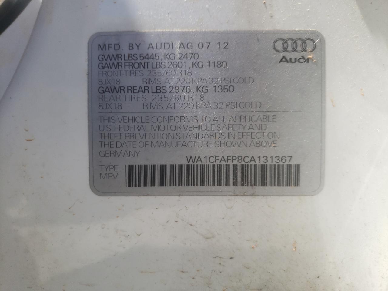 Foto 10 de la subasta – 2012 AUDI Q5 PREMIUM con VIN WA1CFAFP8CA131367