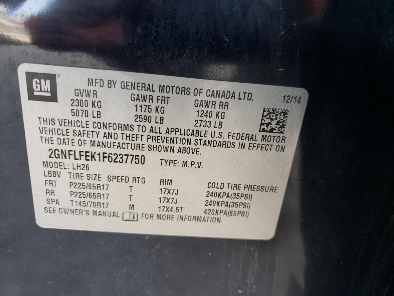 Photo 10 from auction – 2015 CHEVROLET EQUINOX LT with VIN 2GNFLFEK1F6237750