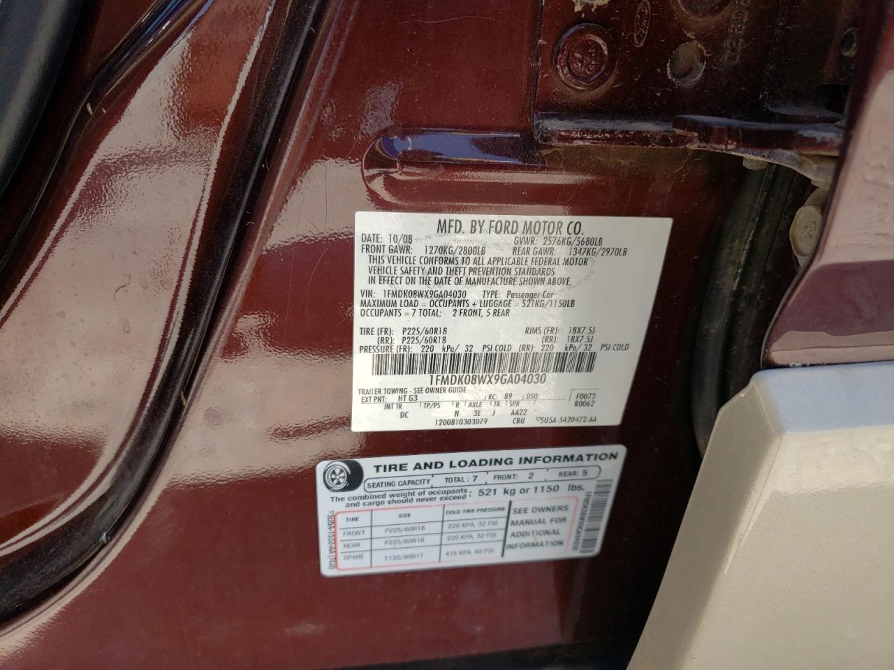 Photo 10 from auction – 2009 FORD TAURUS X E with VIN 1FMDK08WX9GA04030
