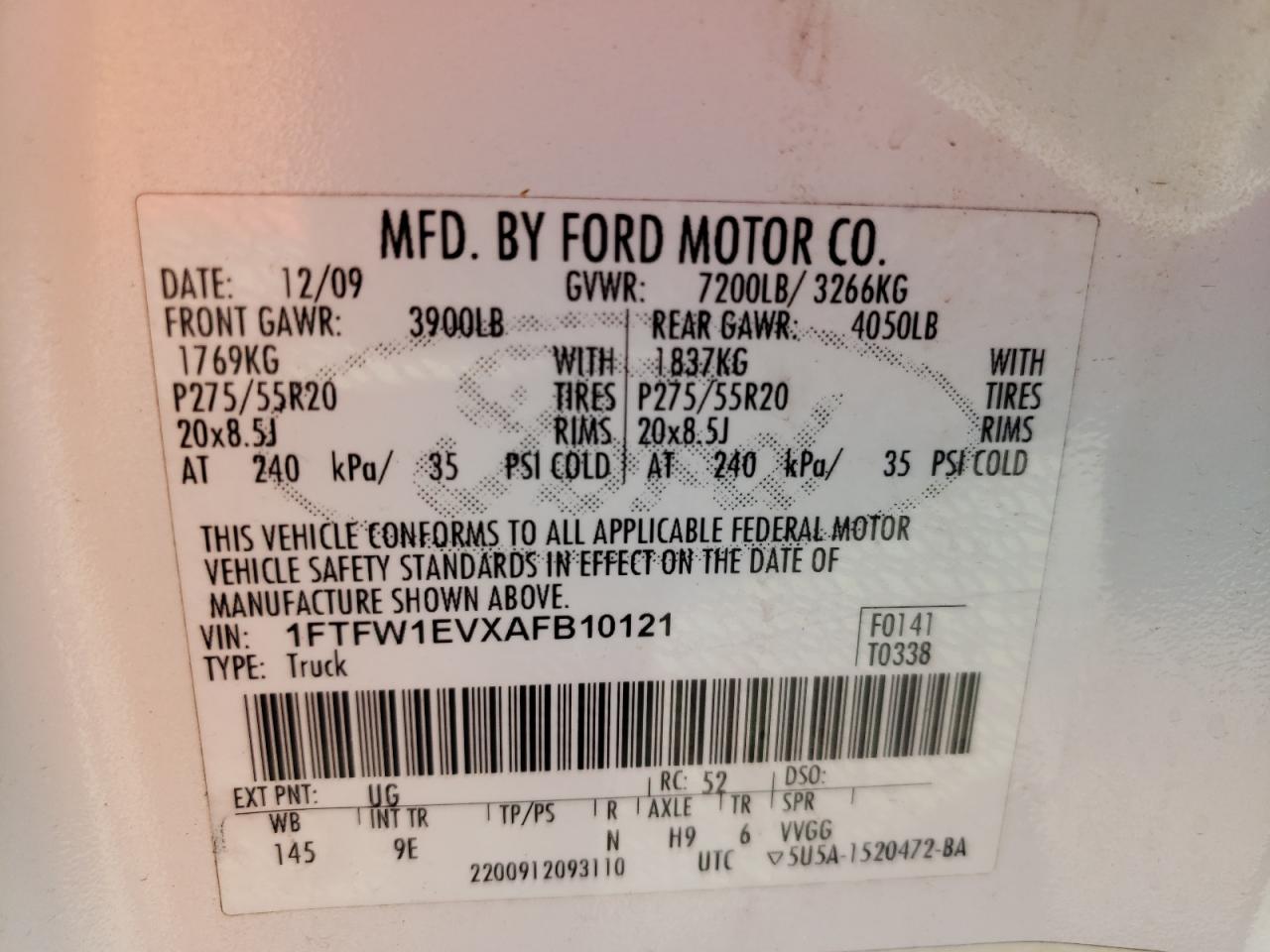 Photo 10 from auction – 2010 FORD F150 SUPER with VIN 1FTFW1EVXAFB10121