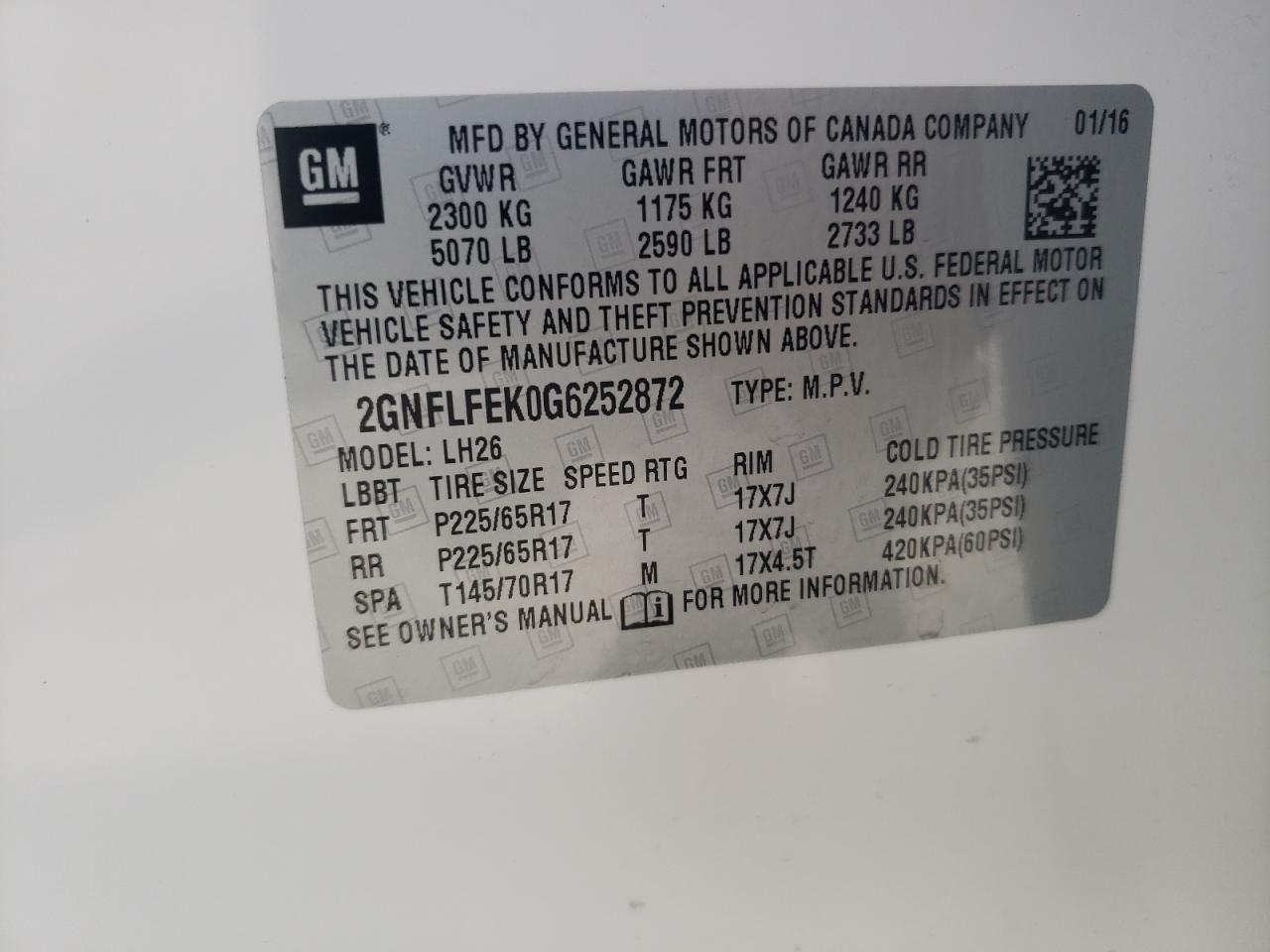 Photo 10 from auction – 2016 CHEVROLET EQUINOX LT with VIN 2GNFLFEK0G6252872