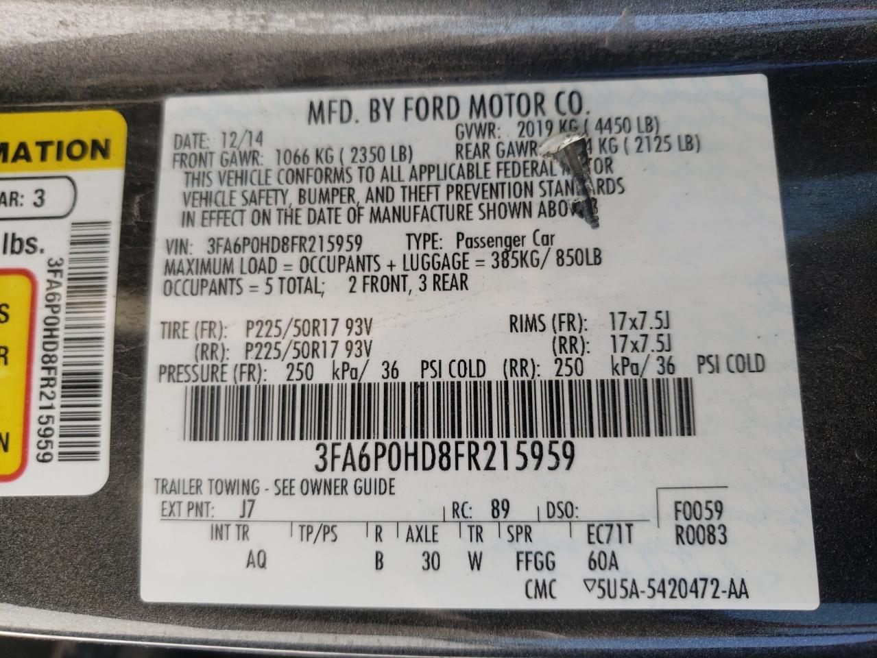 Photo 10 from auction – 2015 FORD FUSION SE with VIN 3FA6P0HD8FR215959