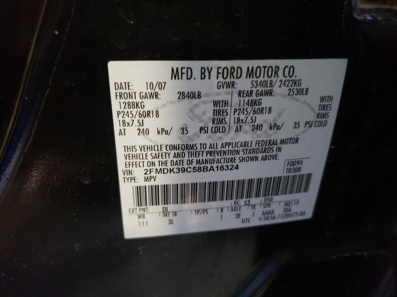 Photo 10 from auction – 2008 FORD EDGE LIMIT with VIN 2FMDK39C58BA16324