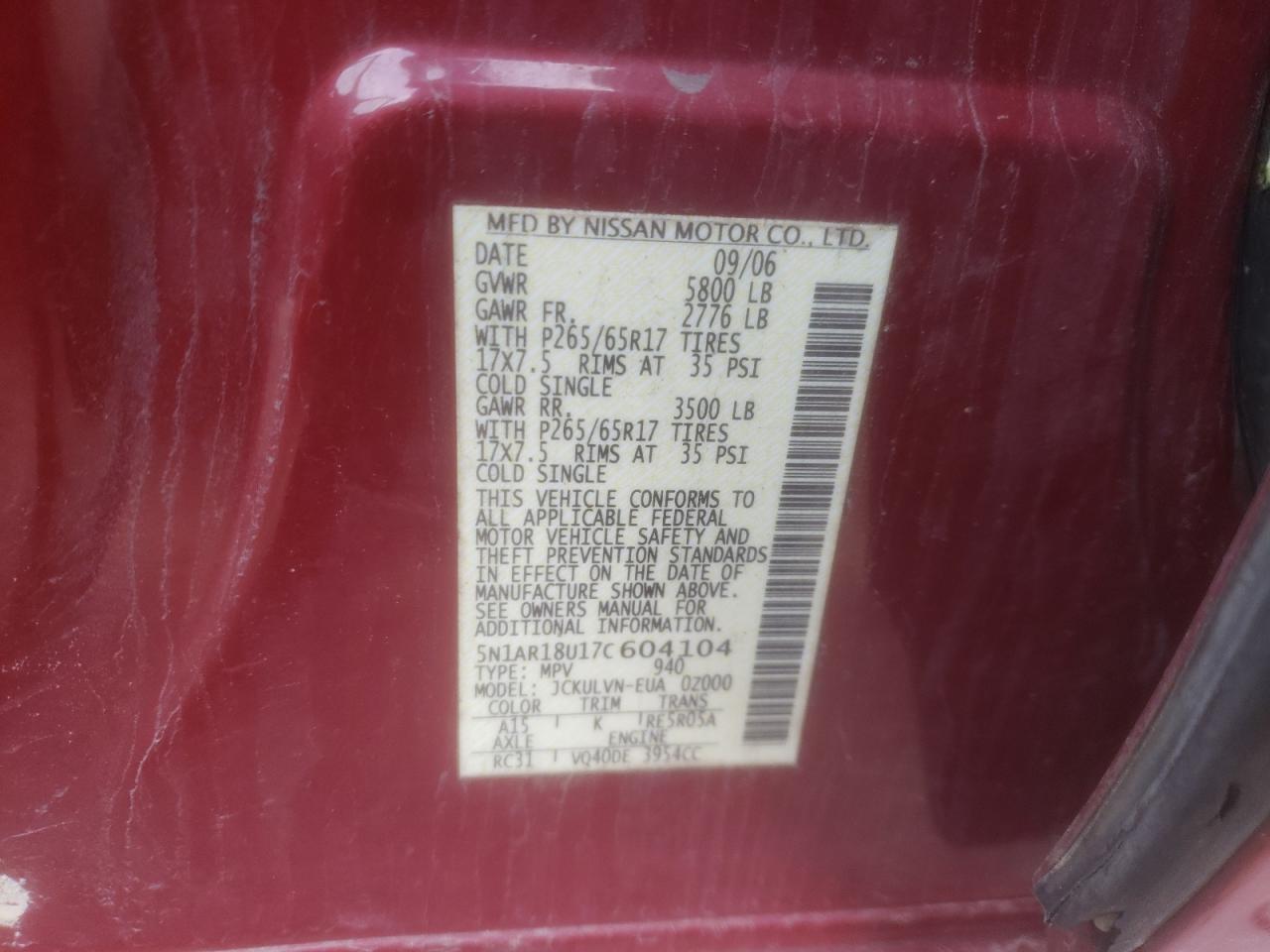 Photo 10 from auction – 2007 NISSAN PATHFINDER with VIN 5N1AR18U17C604104