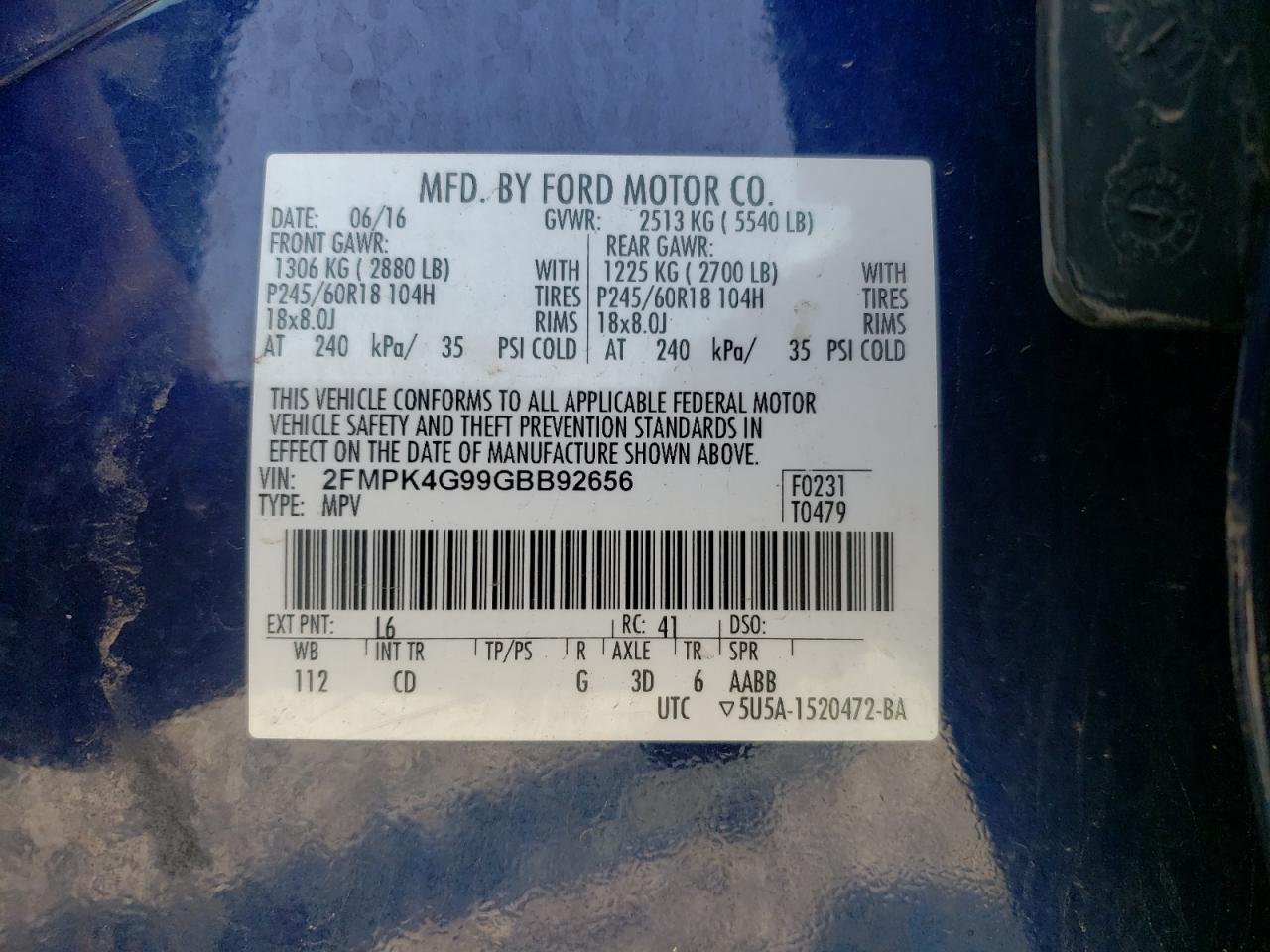 Photo 10 from auction – 2016 FORD EDGE SE with VIN 2FMPK4G99GBB92656