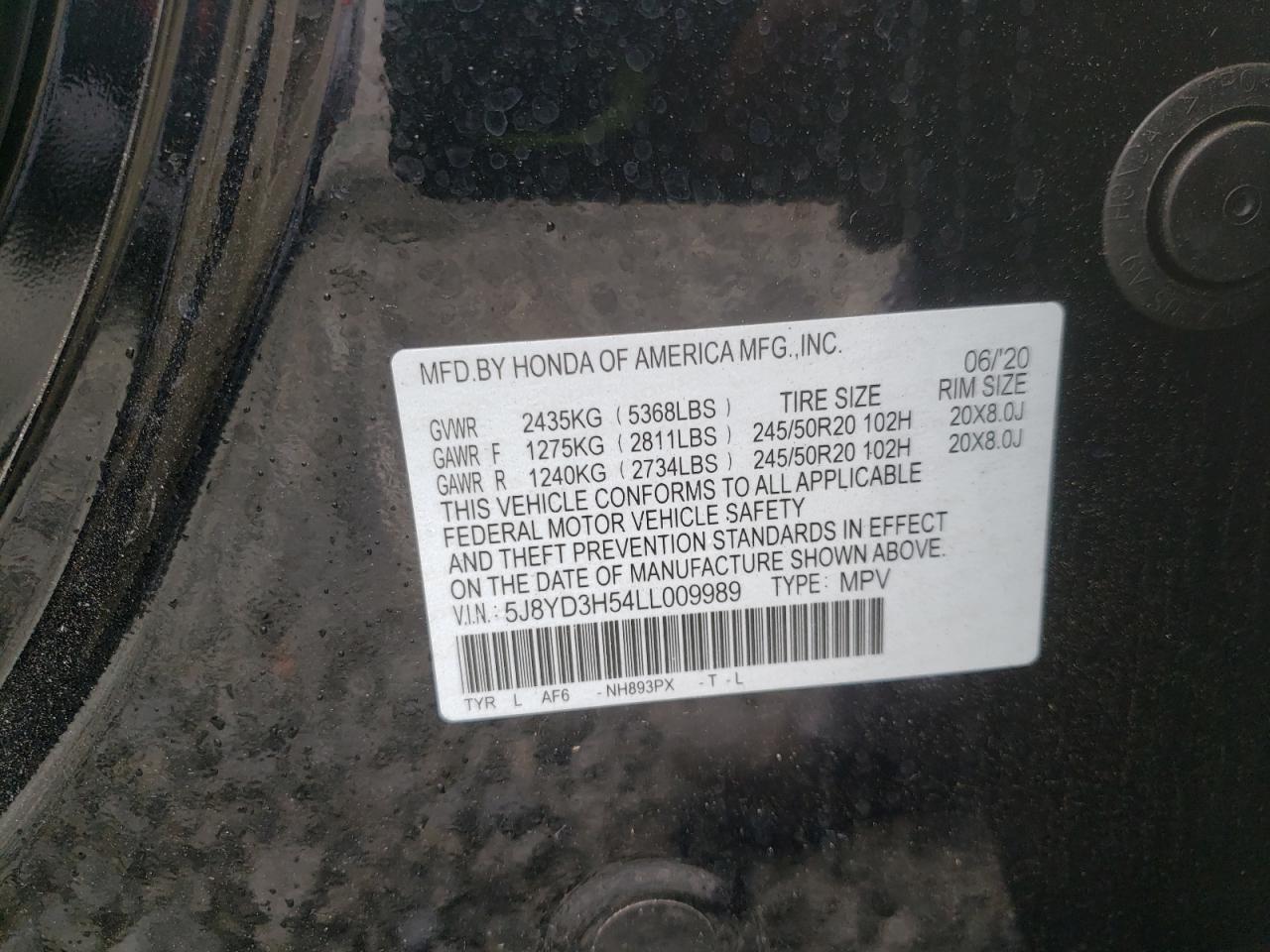 Photo 10 from auction – 2020 ACURA MDX TECHNO with VIN 5J8YD3H54LL009989