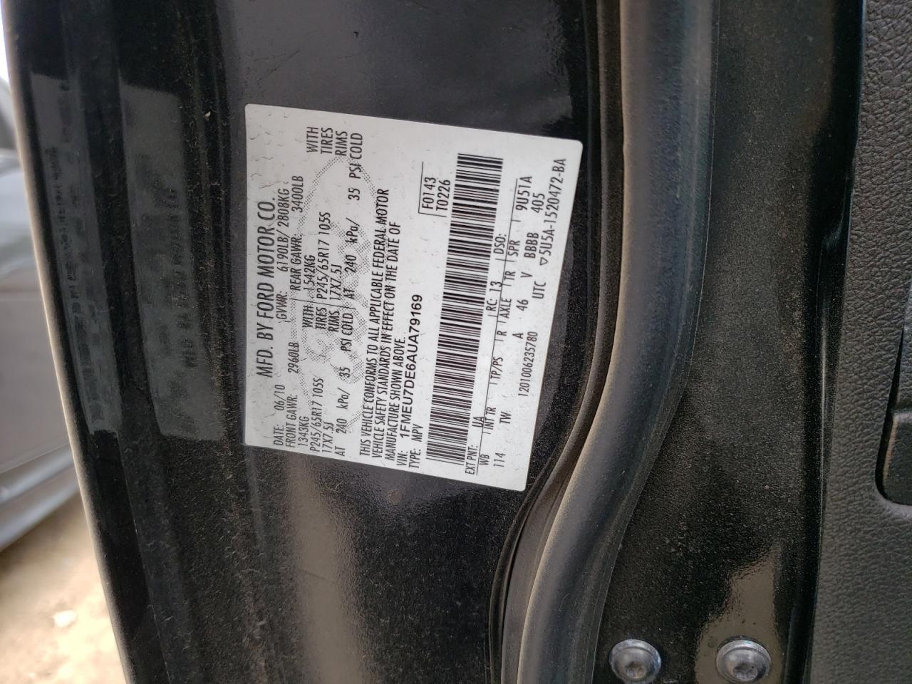 Photo 10 from auction – 2010 FORD EXPLORER X with VIN 1FMEU7DE6AUA79169