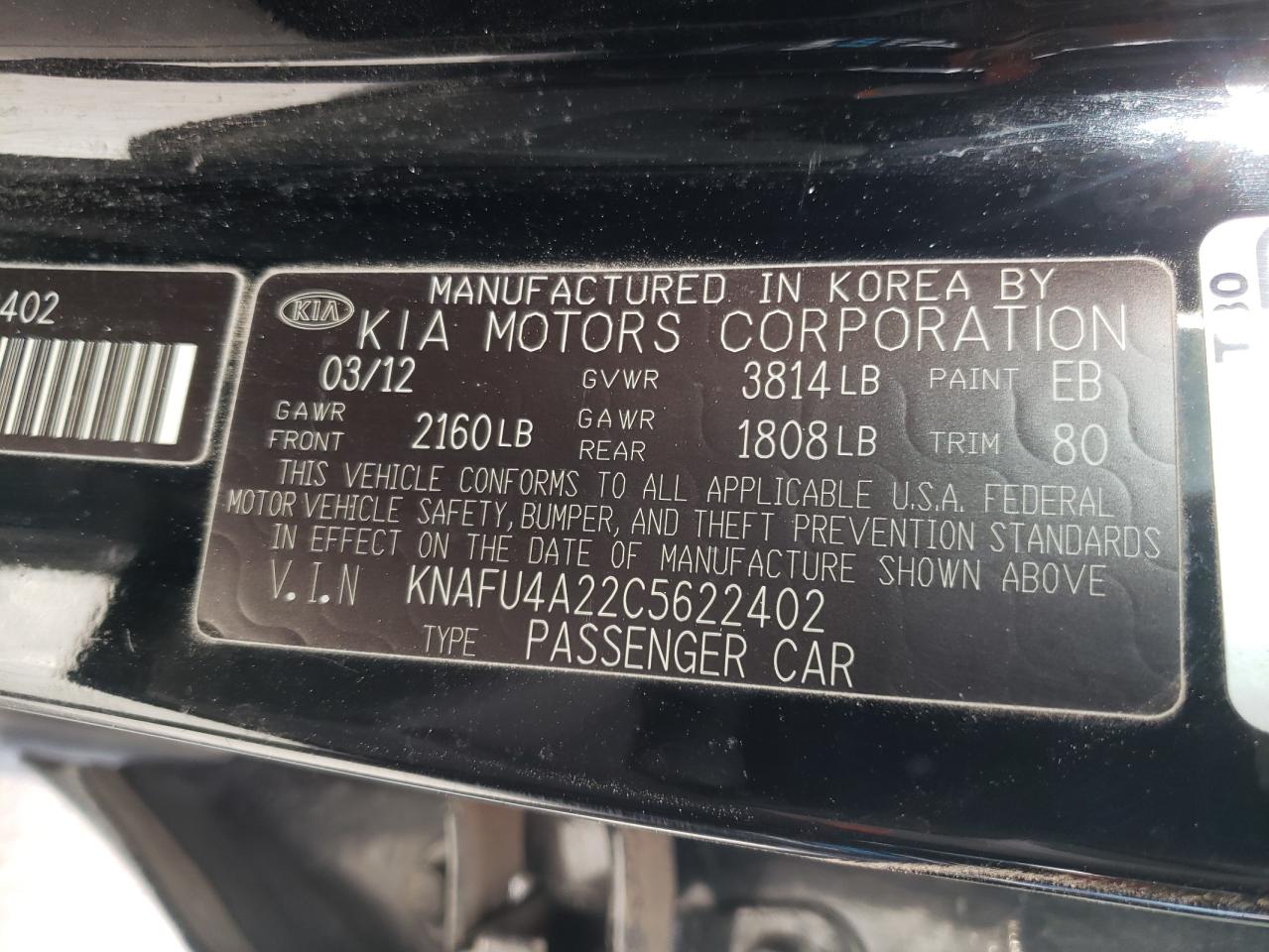 Photo 10 from auction – 2012 KIA FORTE EX with VIN KNAFU4A22C5622402