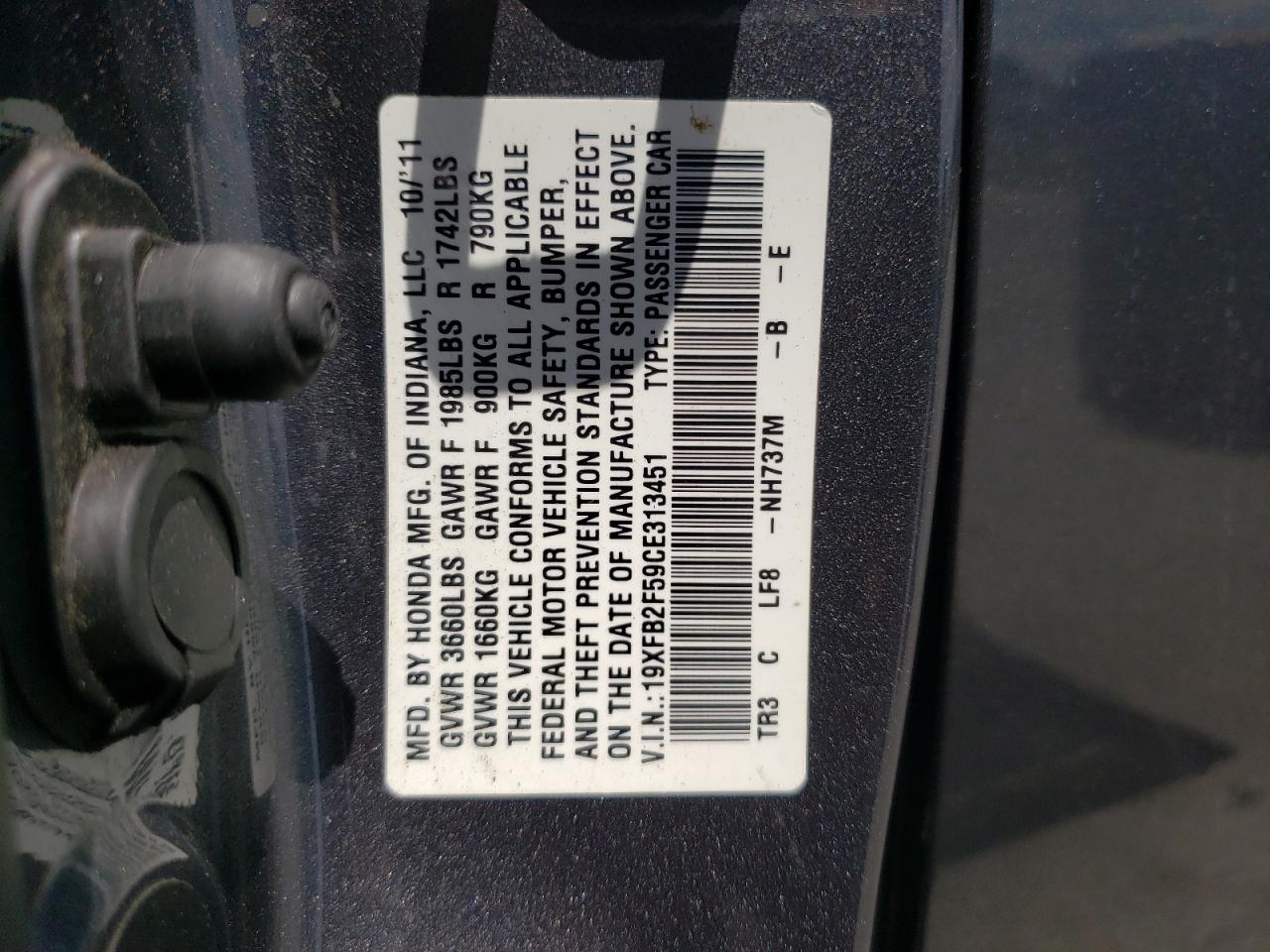 Photo 10 from auction – 2012 HONDA CIVIC LX with VIN 19XFB2F59CE313451