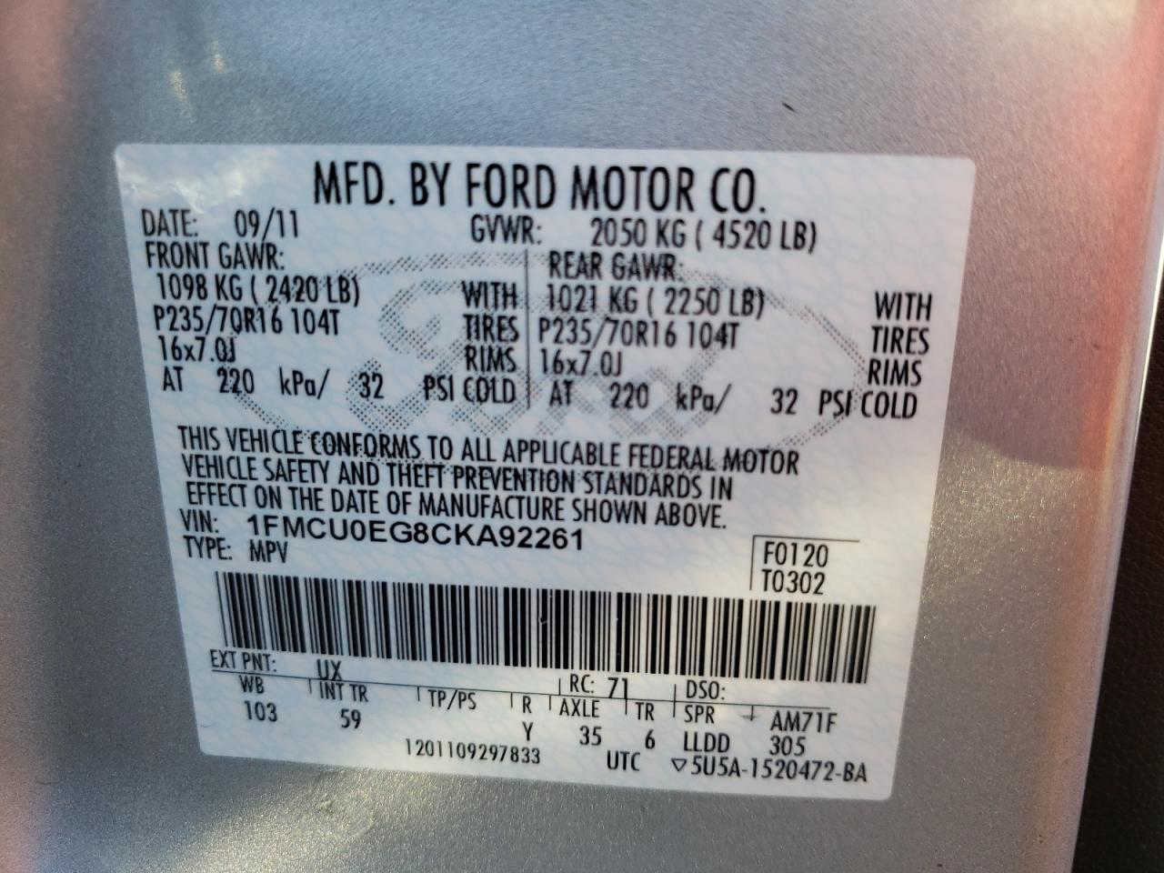 Photo 10 from auction – 2012 FORD ESCAPE LIM with VIN 1FMCU0EG8CKA92261
