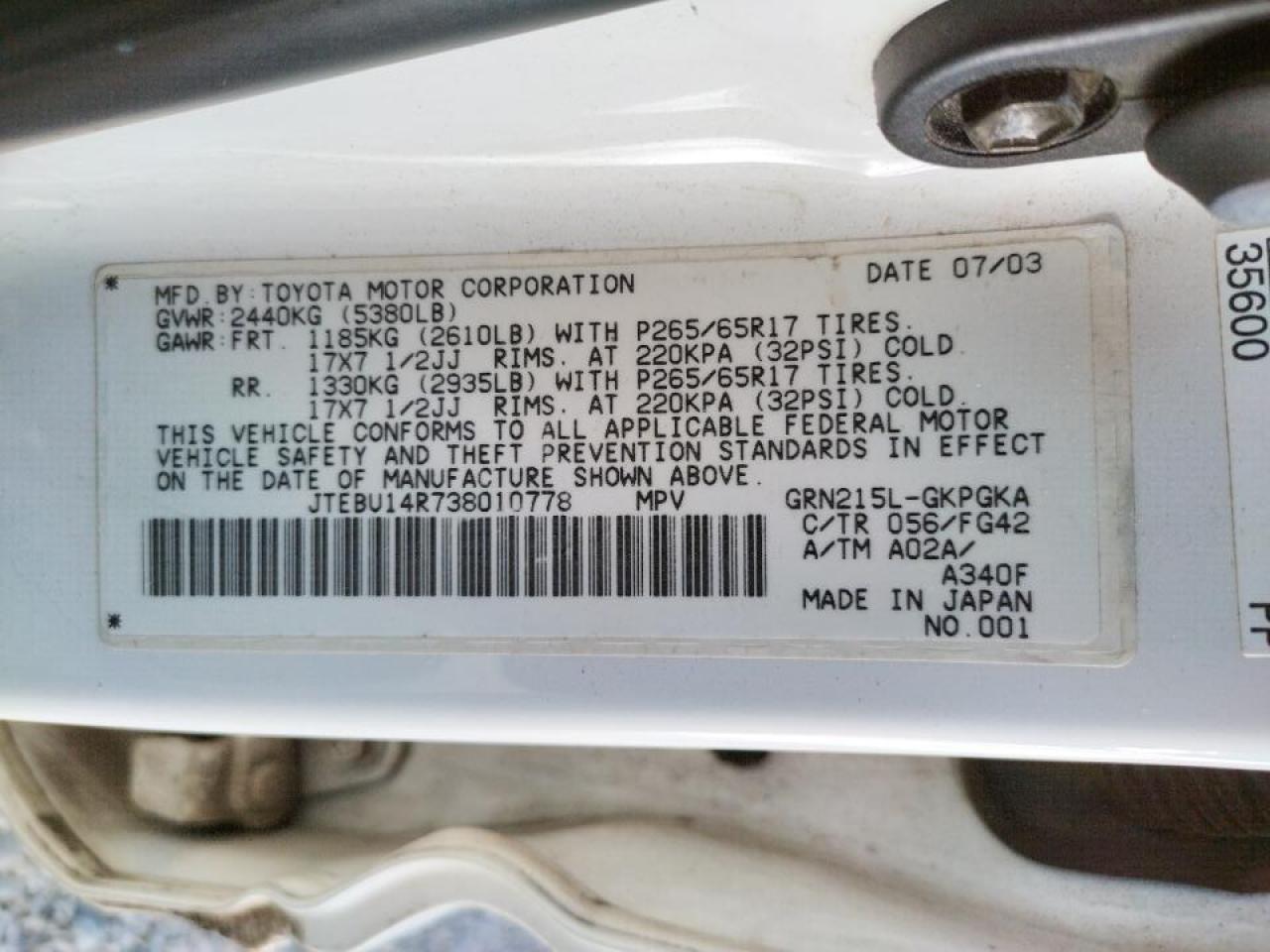 Photo 10 from auction – 2003 TOYOTA 4RUNNER SR with VIN JTEBU14R738010778