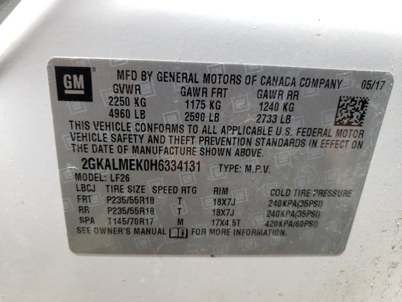 Photo 10 from auction – 2017 GMC TERRAIN SL with VIN 2GKALMEK0H6334131