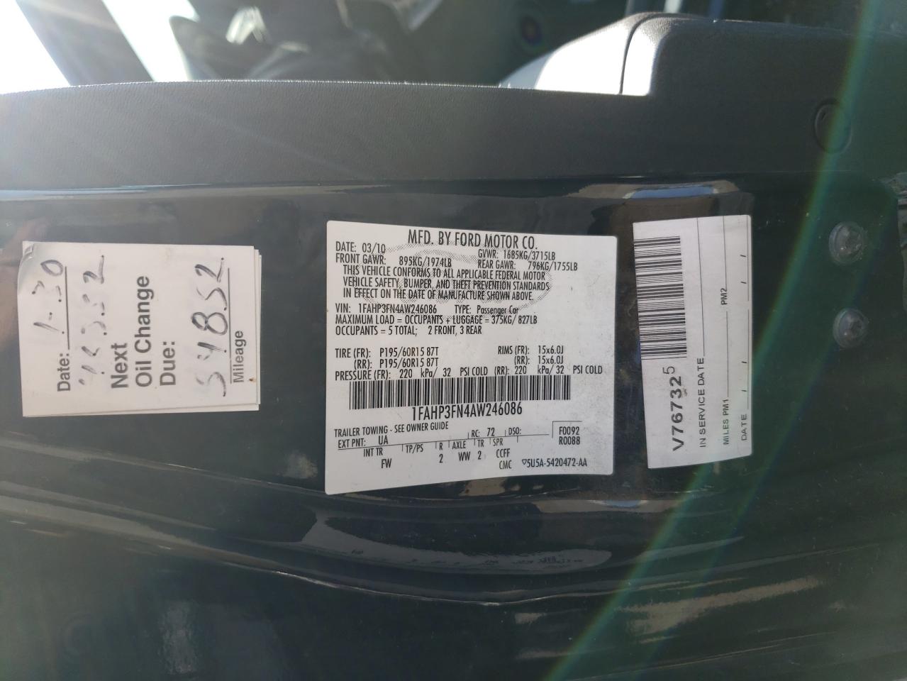Photo 10 from auction – 2010 FORD FOCUS SE with VIN 1FAHP3FN4AW246086