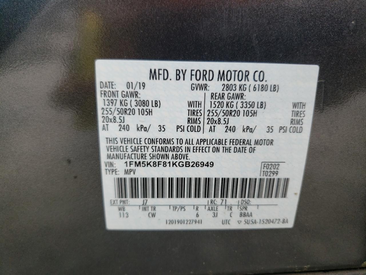 Photo 10 from auction – 2019 FORD EXPLORER L with VIN 1FM5K8F81KGB26949