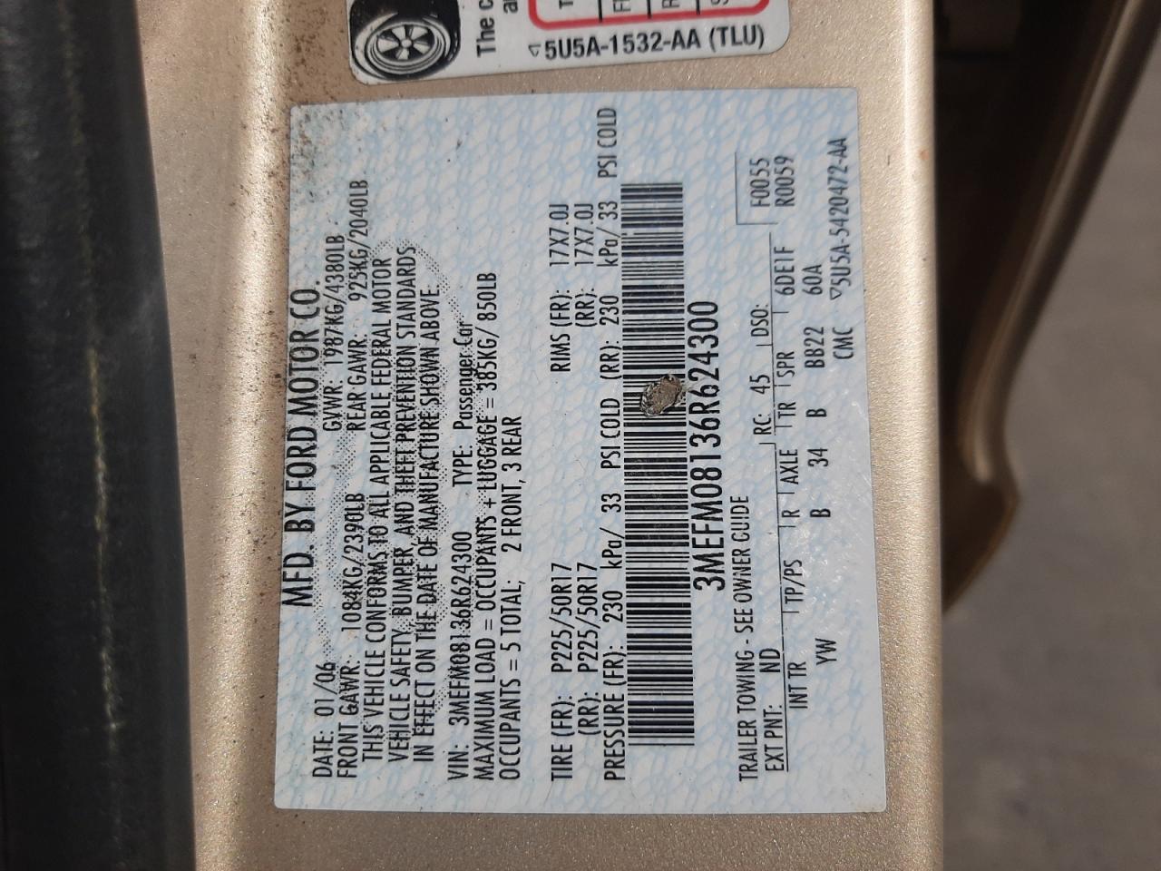 Photo 10 from auction – 2006 MERCURY MILAN PREM with VIN 3MEFM08136R624300