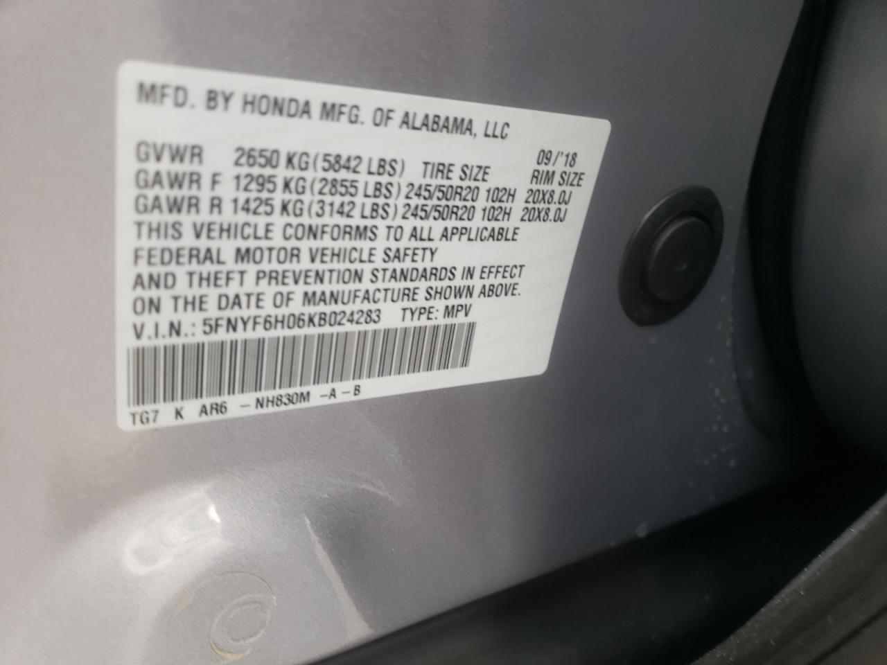 Zdjęcie 10 z aukcji – 2019 HONDA PILOT ELIT z VIN 5FNYF6H06KB024283