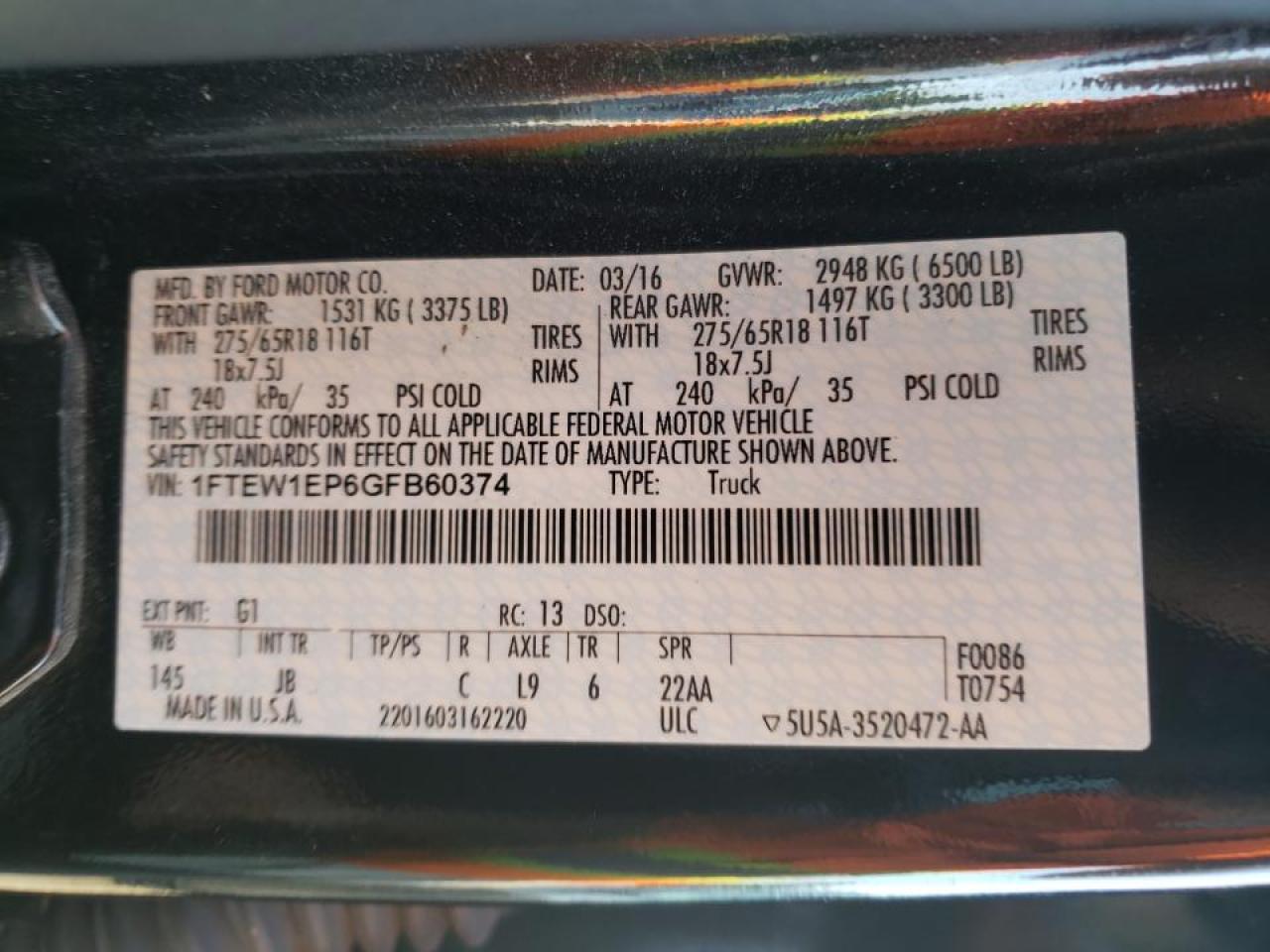 Photo 10 from auction – 2016 FORD F150 SUPER with VIN 1FTEW1EP6GFB60374