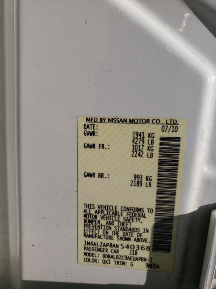 Photo 10 from auction – 2010 NISSAN ALTIMA BAS with VIN 1N4AL2AP8AN540368
