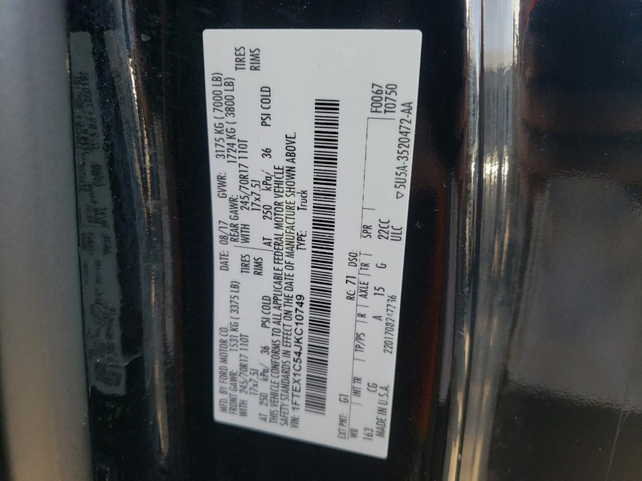 Photo 10 from auction – 2018 FORD F150 SUPER with VIN 1FTEX1C54JKC10749