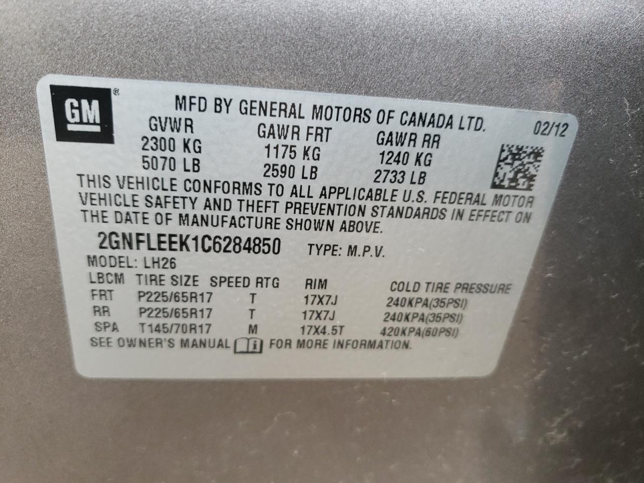 Photo 10 from auction – 2012 CHEVROLET EQUINOX LT with VIN 2GNFLEEK1C6284850