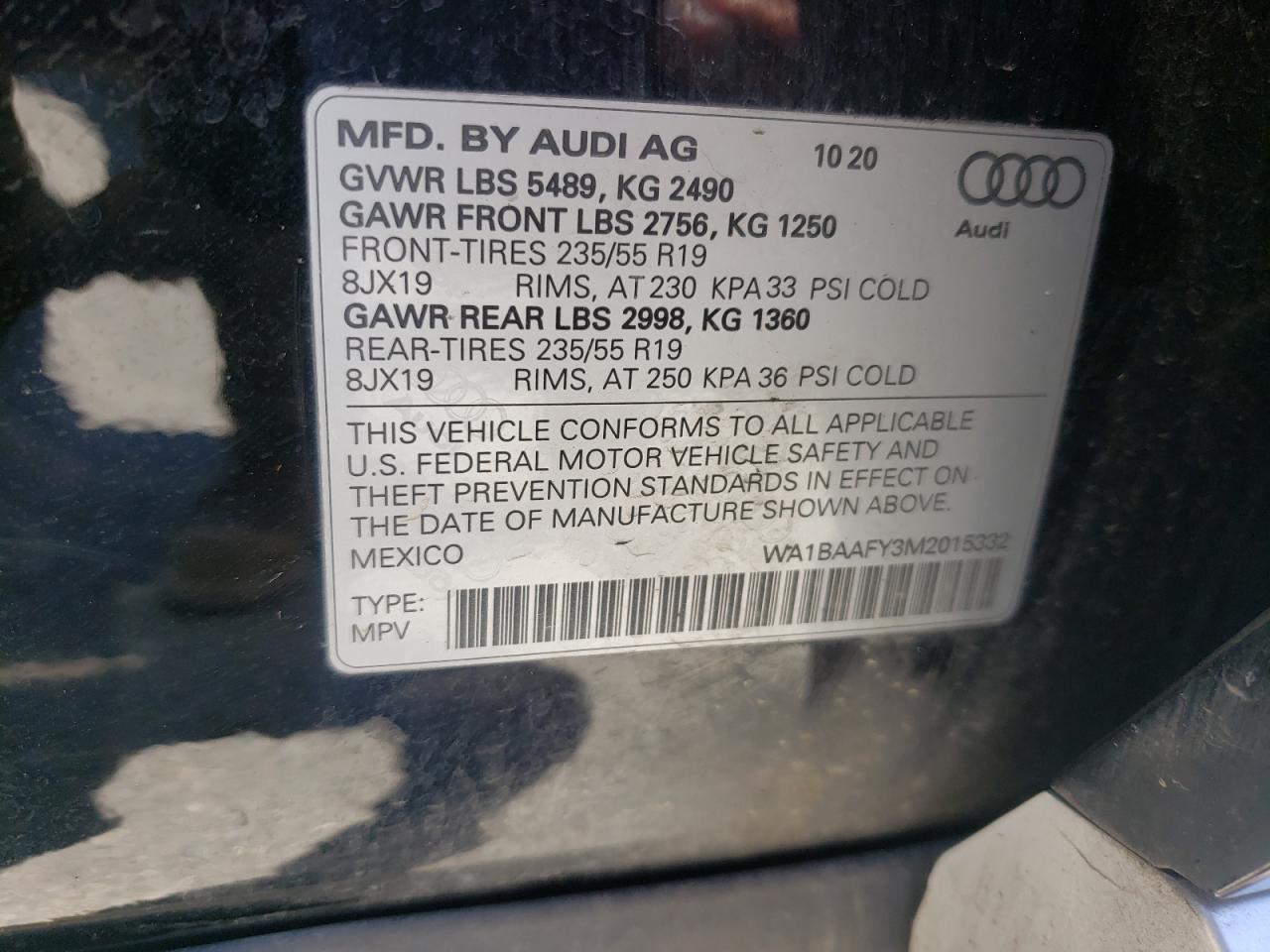 Photo 10 from auction – 2021 AUDI Q5 PREMIUM with VIN WA1BAAFY3M2015332