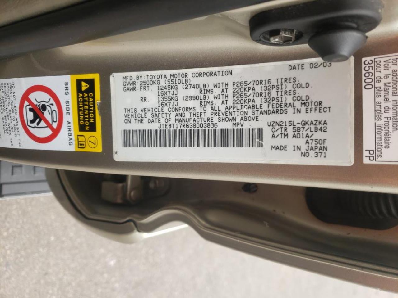 Photo 10 from auction – 2003 TOYOTA 4RUNNER LI with VIN JTEBT17R638003836