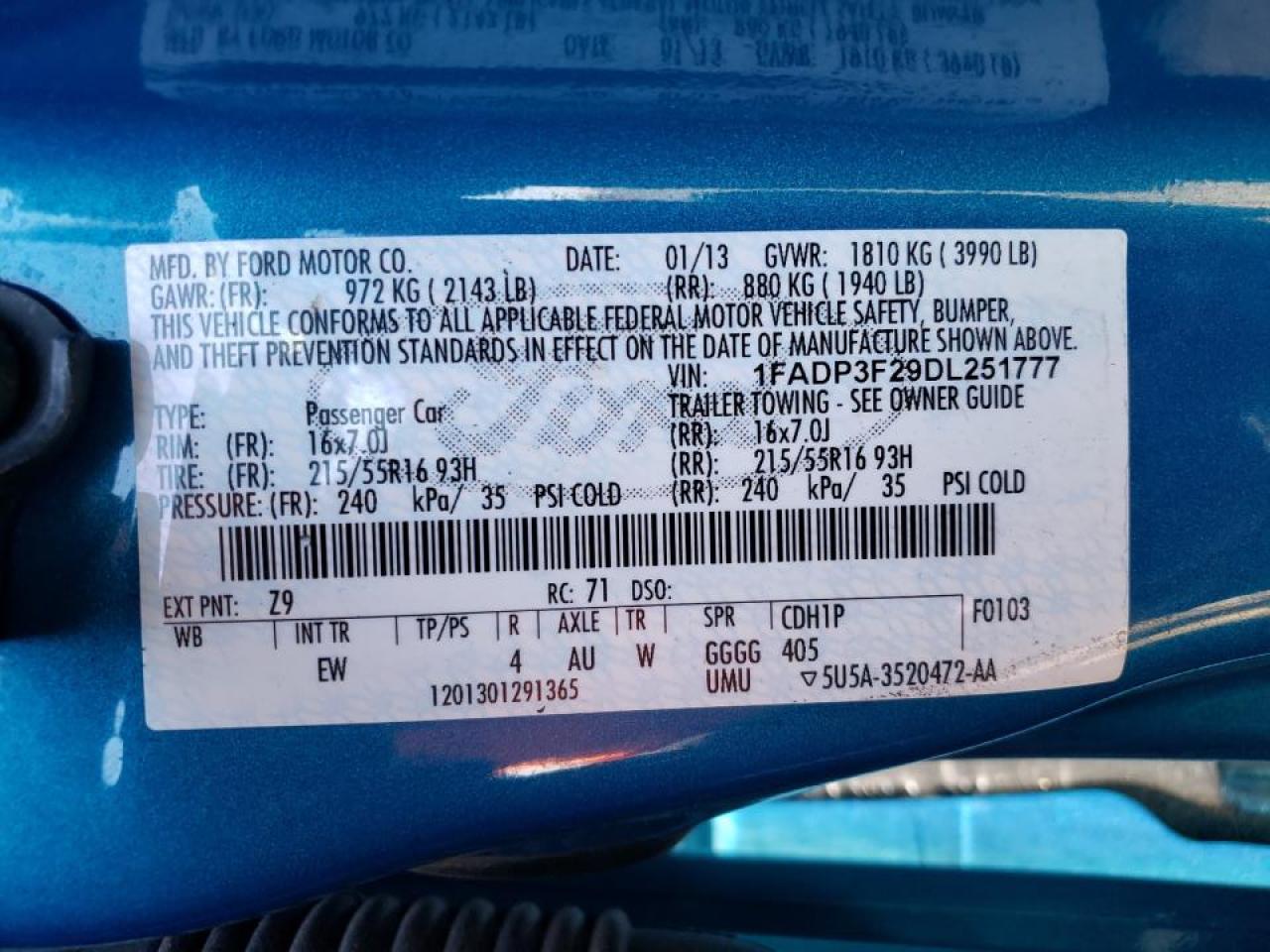 Photo 10 from auction – 2013 FORD FOCUS SE with VIN 1FADP3F29DL251777