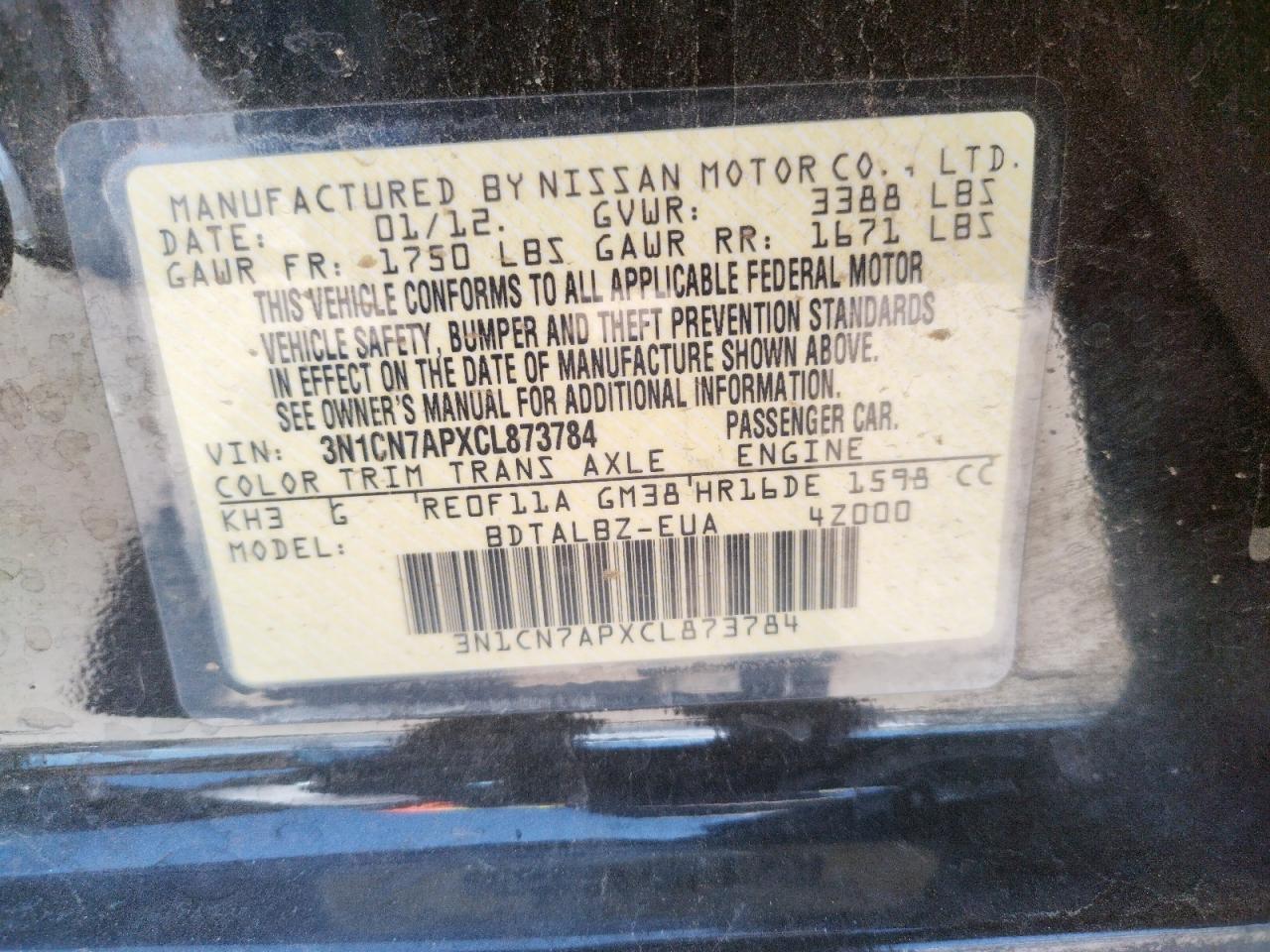 Photo 10 from auction – 2012 NISSAN VERSA S with VIN 3N1CN7APXCL873784