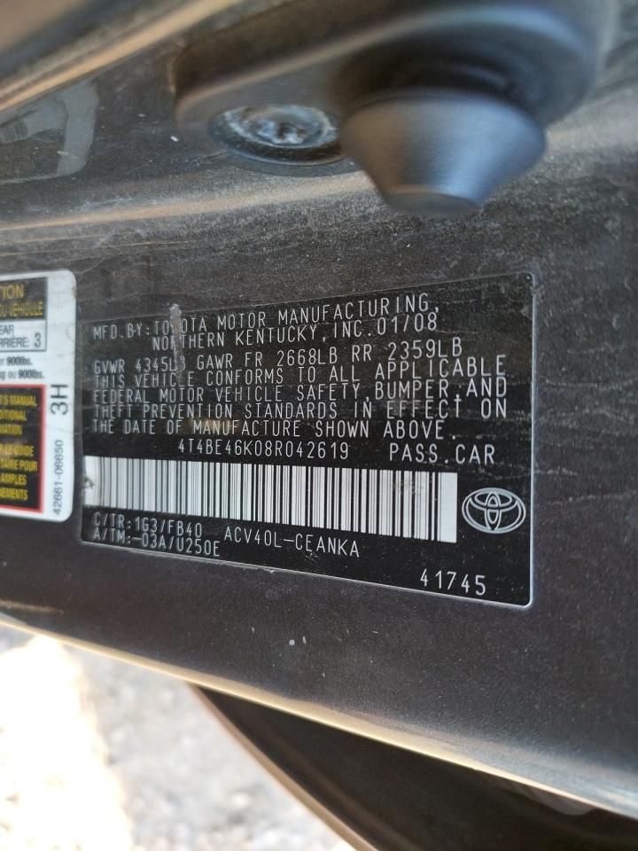 Photo 10 from auction – 2008 TOYOTA CAMRY CE with VIN 4T4BE46K08R042619