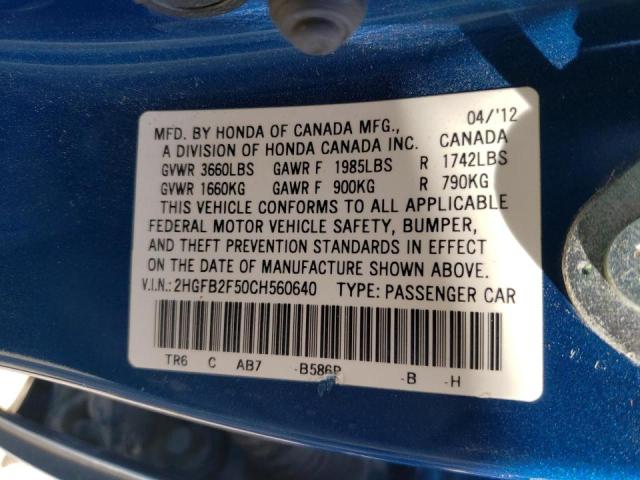 Photo 10 from auction – 2012 HONDA CIVIC LX with VIN 2HGFB2F50CH560640