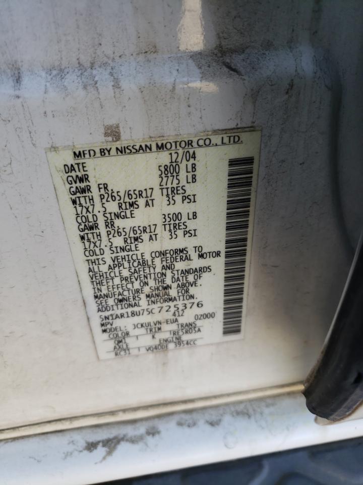 Photo 10 from auction – 2005 NISSAN PATHFINDER with VIN 5N1AR18U75C725376