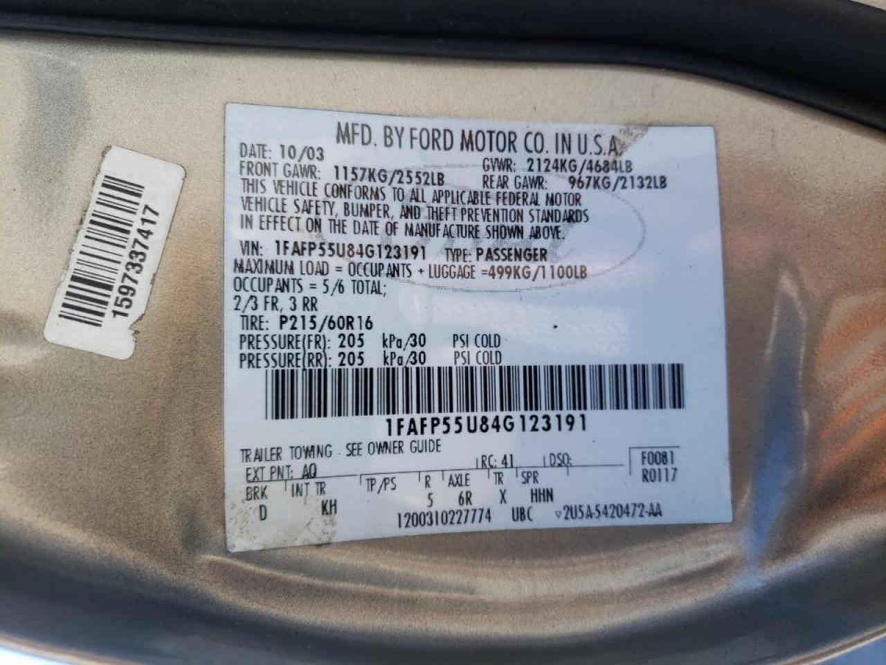 Photo 10 from auction – 2004 FORD TAURUS SES with VIN 1FAFP55U84G123191