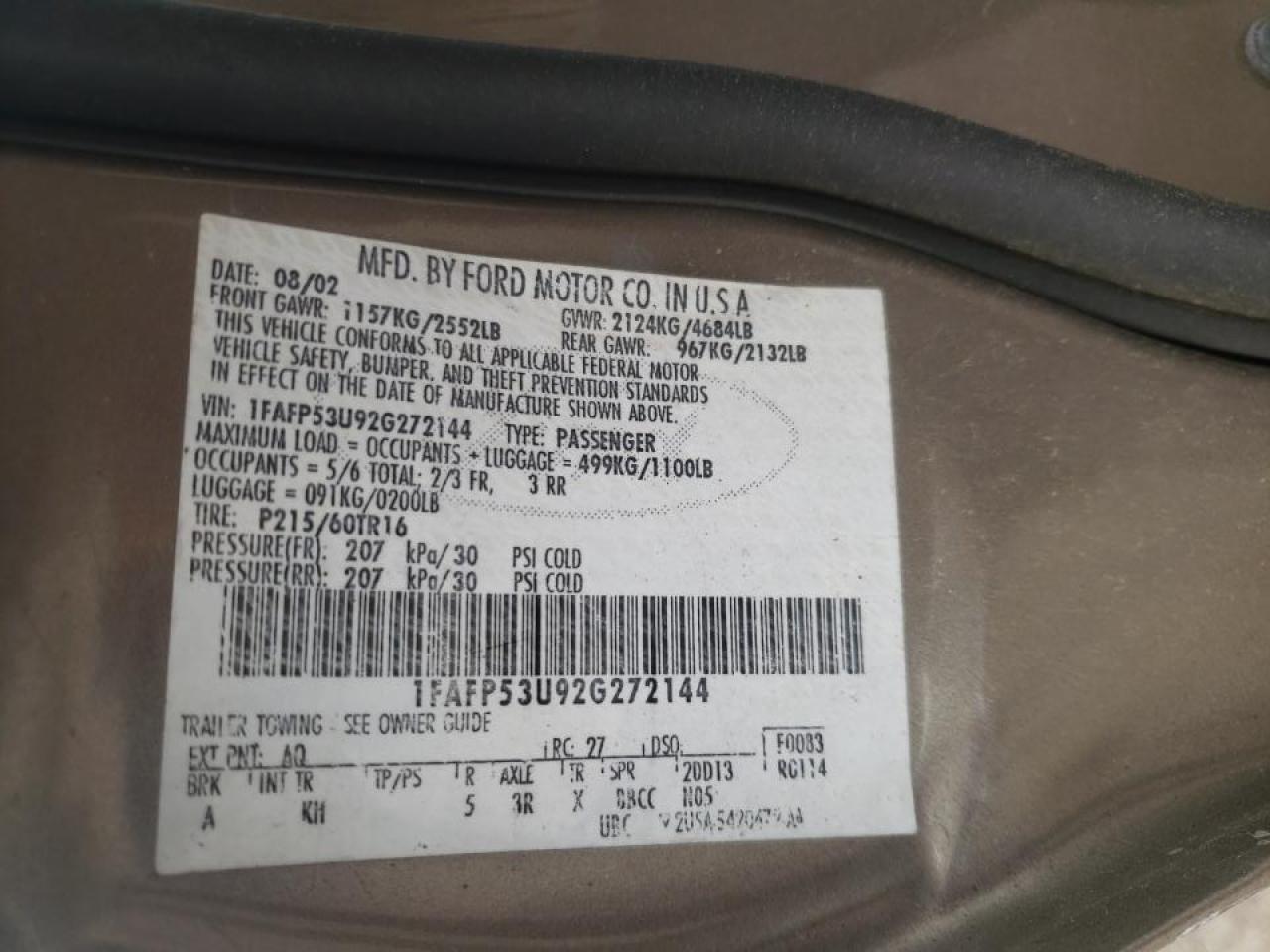 Photo 10 from auction – 2002 FORD TAURUS SE with VIN 1FAFP53U92G272144