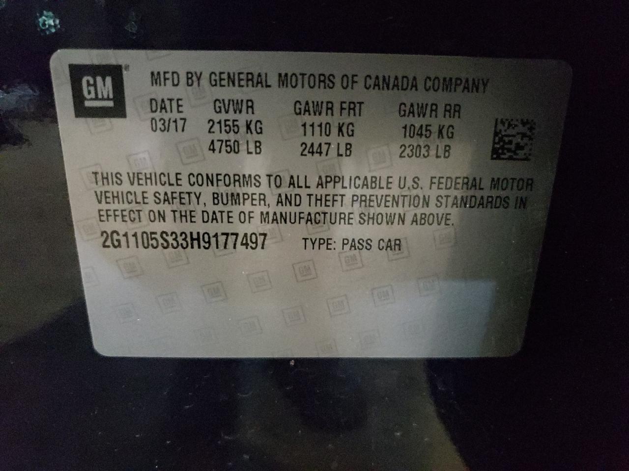 Photo 10 from auction – 2017 CHEVROLET IMPALA LT with VIN 2G1105S33H9177497