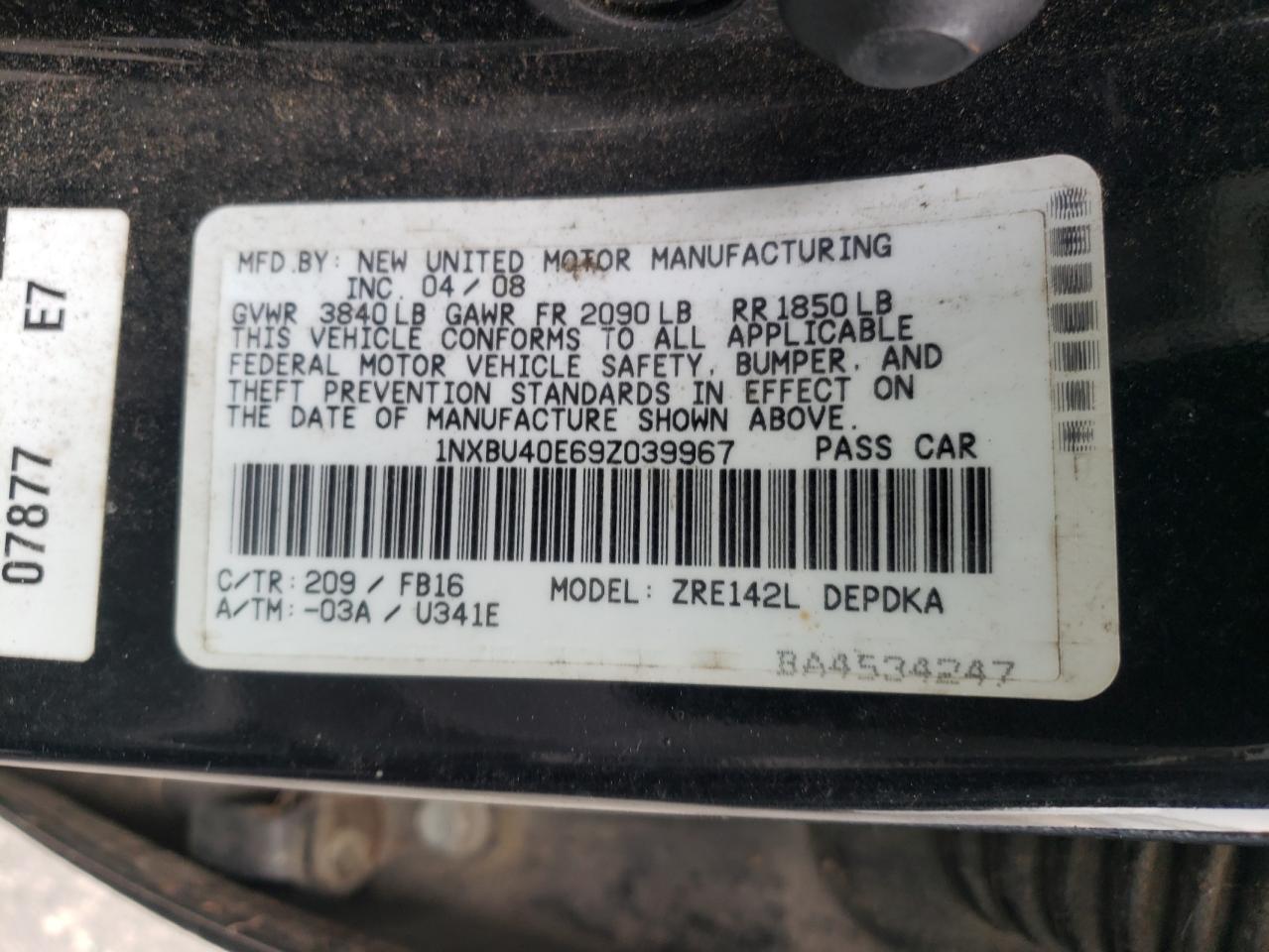 Photo 10 from auction – 2009 TOYOTA COROLLA BA with VIN 1NXBU40E69Z039967