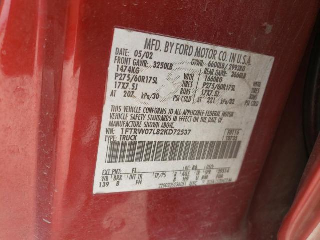 Photo 10 from auction – 2002 FORD F150 SUPER with VIN 1FTRW07L82KD72537