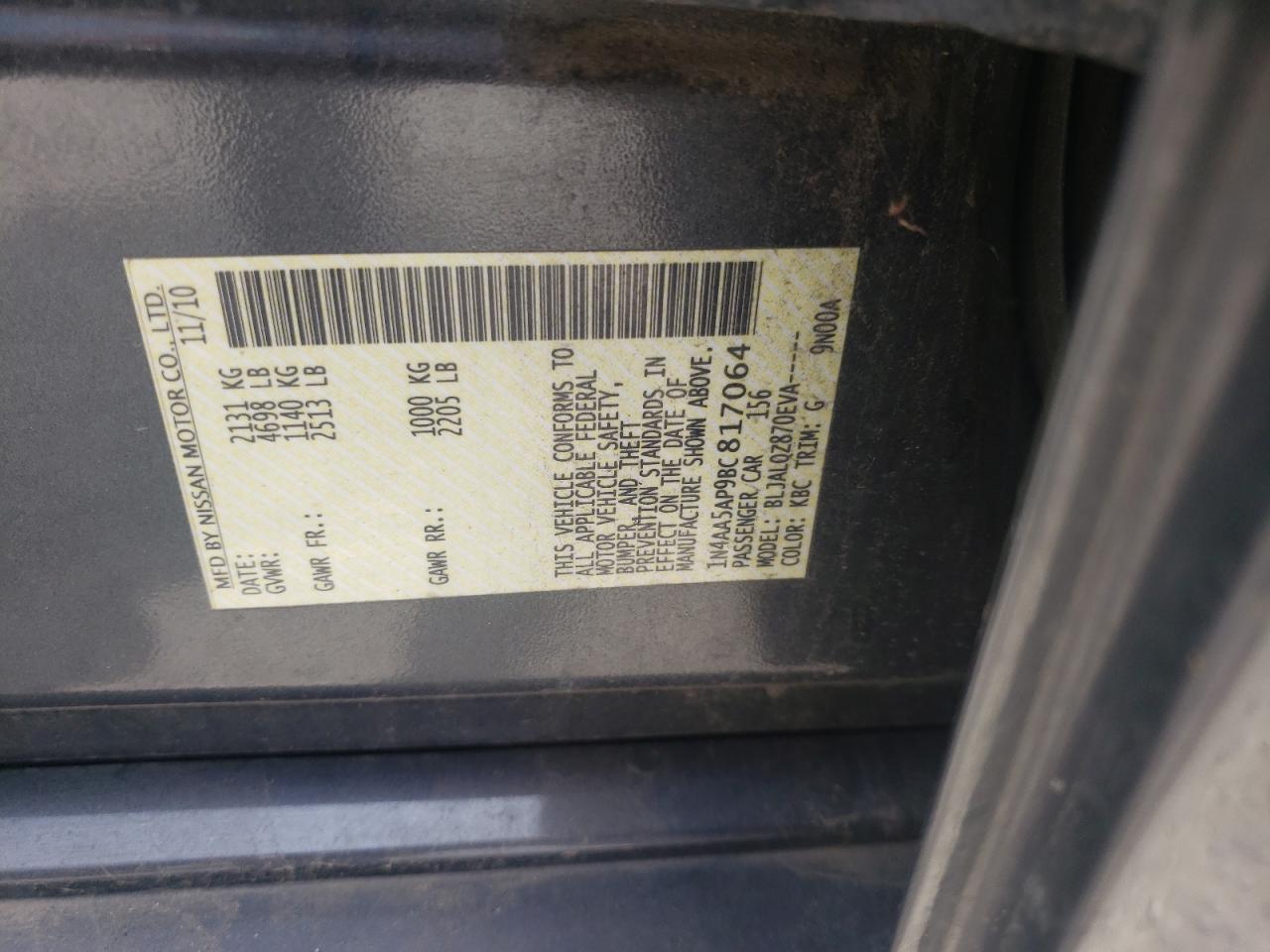 Photo 10 from auction – 2011 NISSAN MAXIMA S with VIN 1N4AA5AP9BC817064