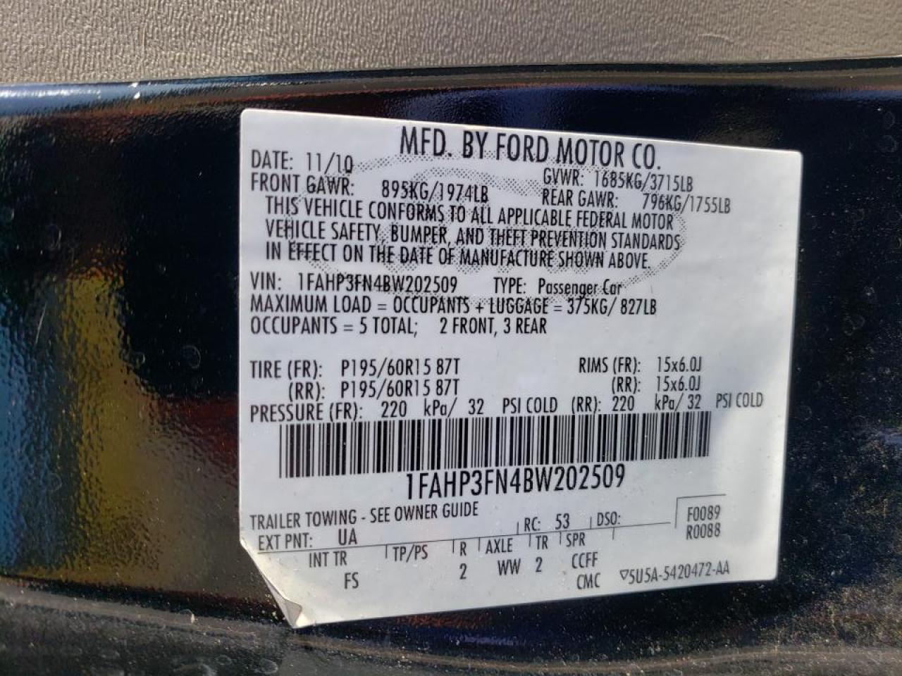 Photo 10 from auction – 2011 FORD FOCUS SE with VIN 1FAHP3FN4BW202509