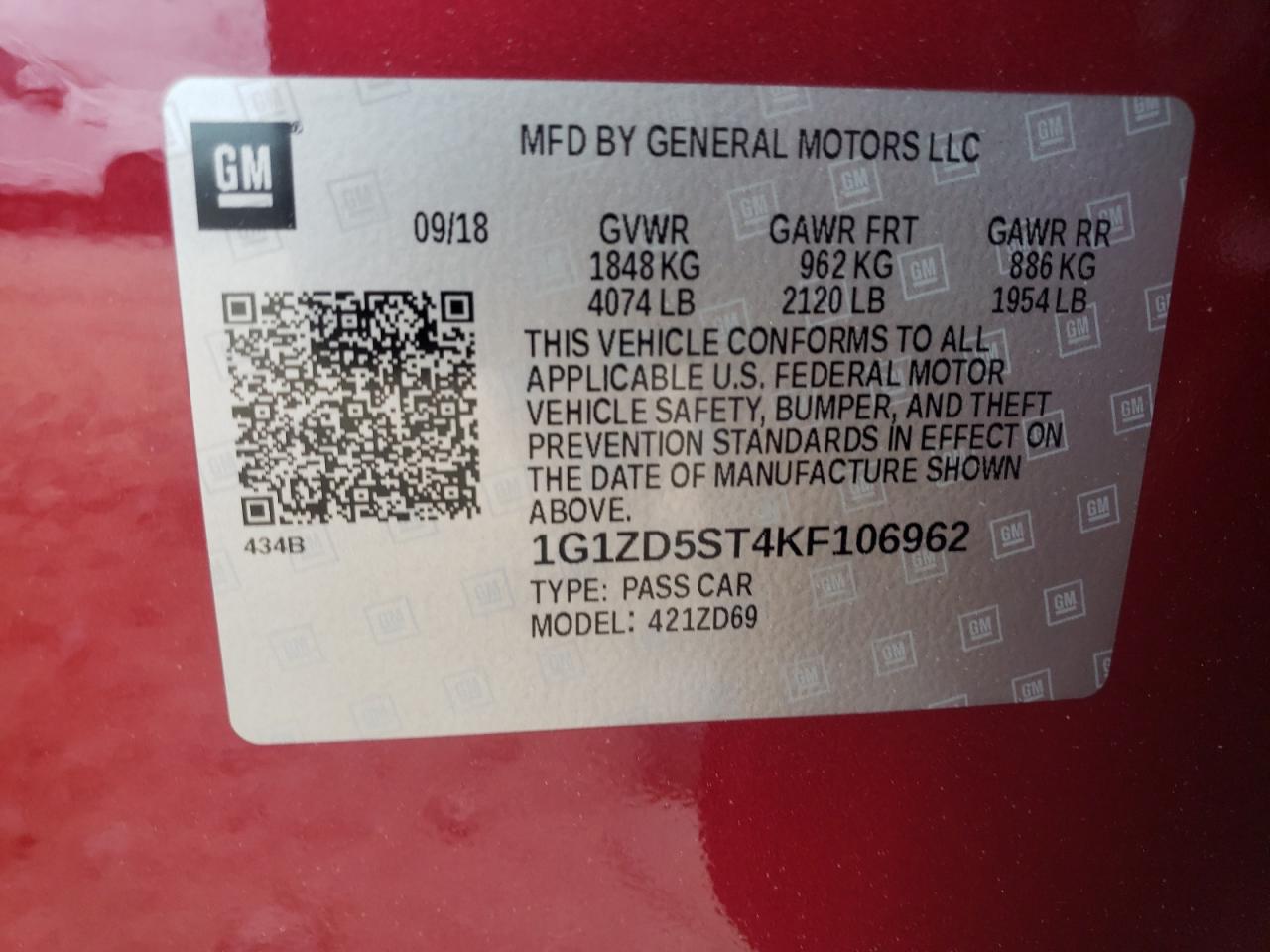 Photo 10 from auction – 2019 CHEVROLET MALIBU LT with VIN 1G1ZD5ST4KF106962