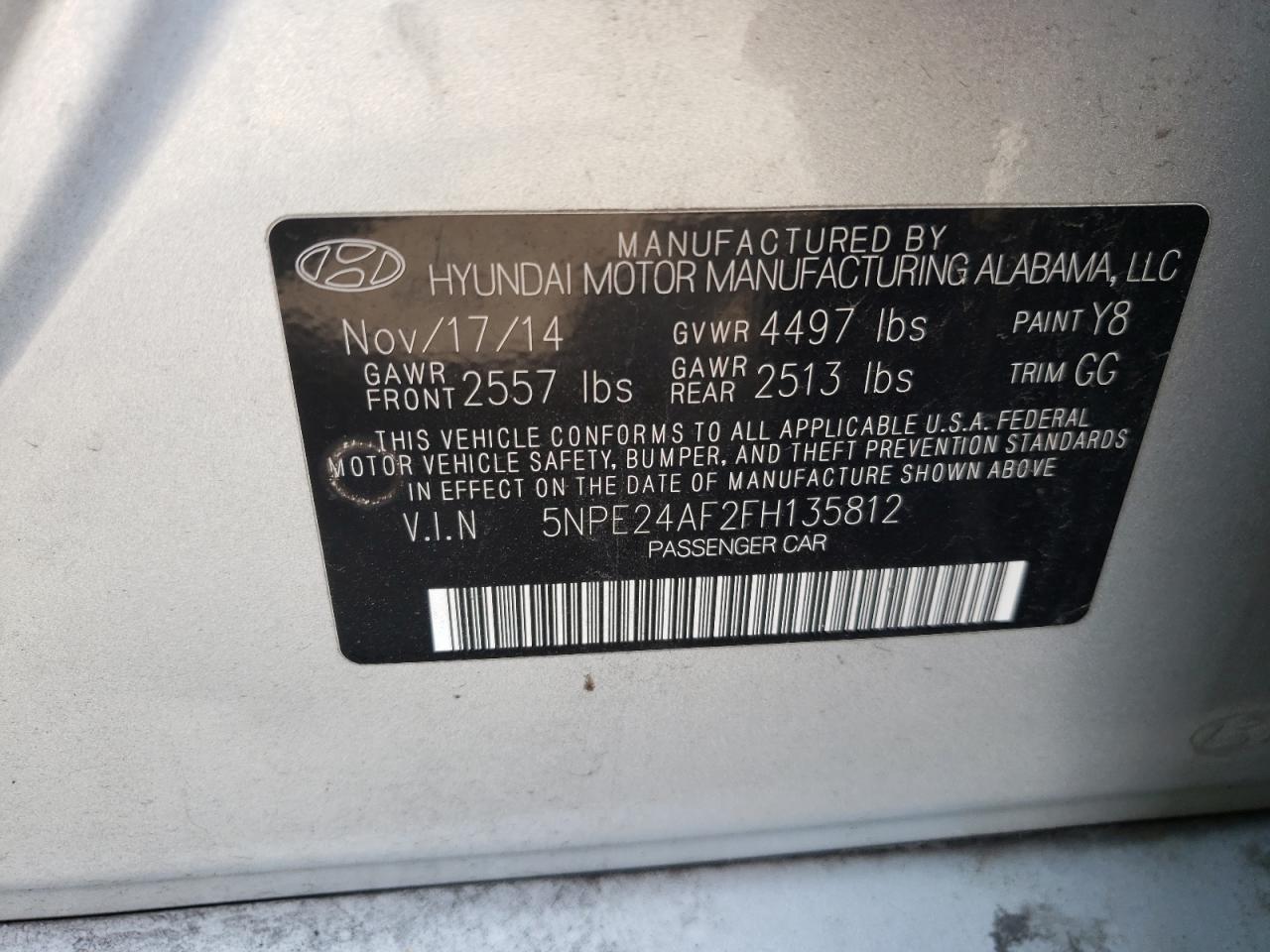 Photo 10 from auction – 2015 HYUNDAI SONATA SE with VIN 5NPE24AF2FH135812