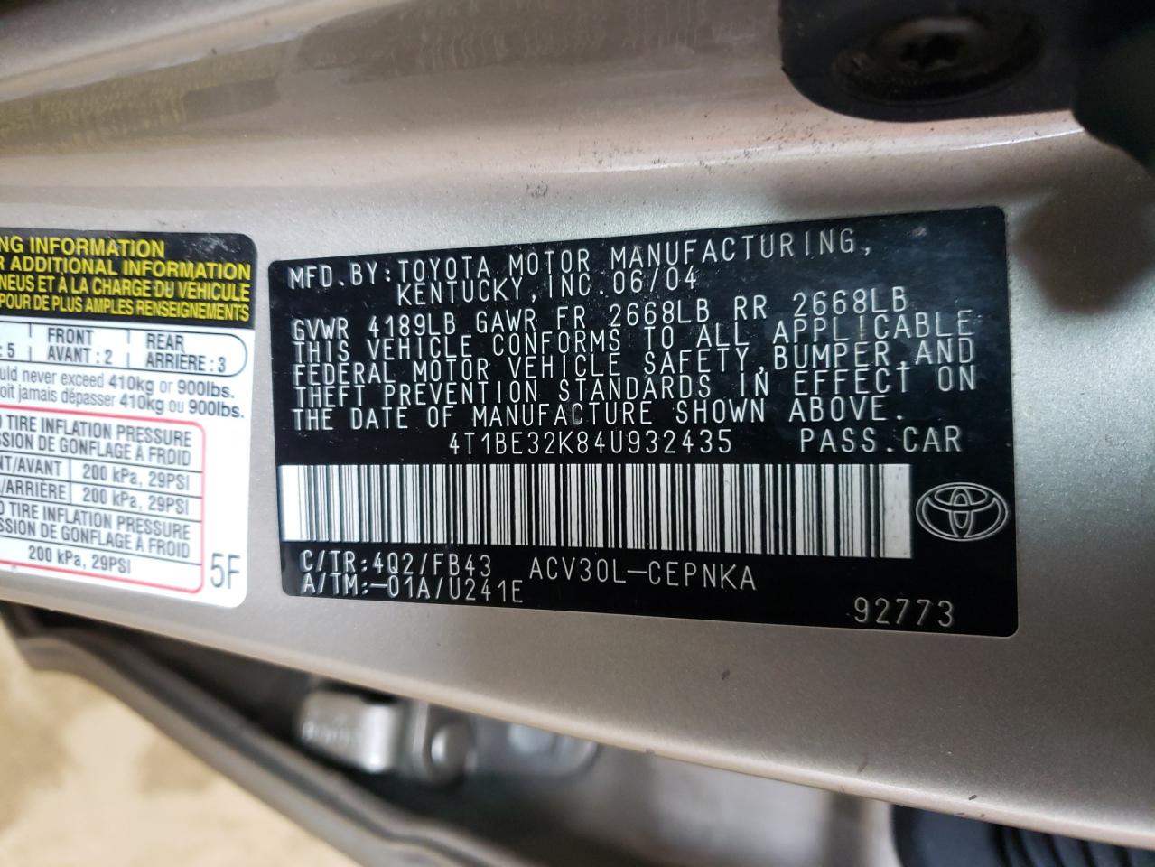 Photo 10 from auction – 2004 TOYOTA CAMRY with VIN 4T1BE32K84U932435
