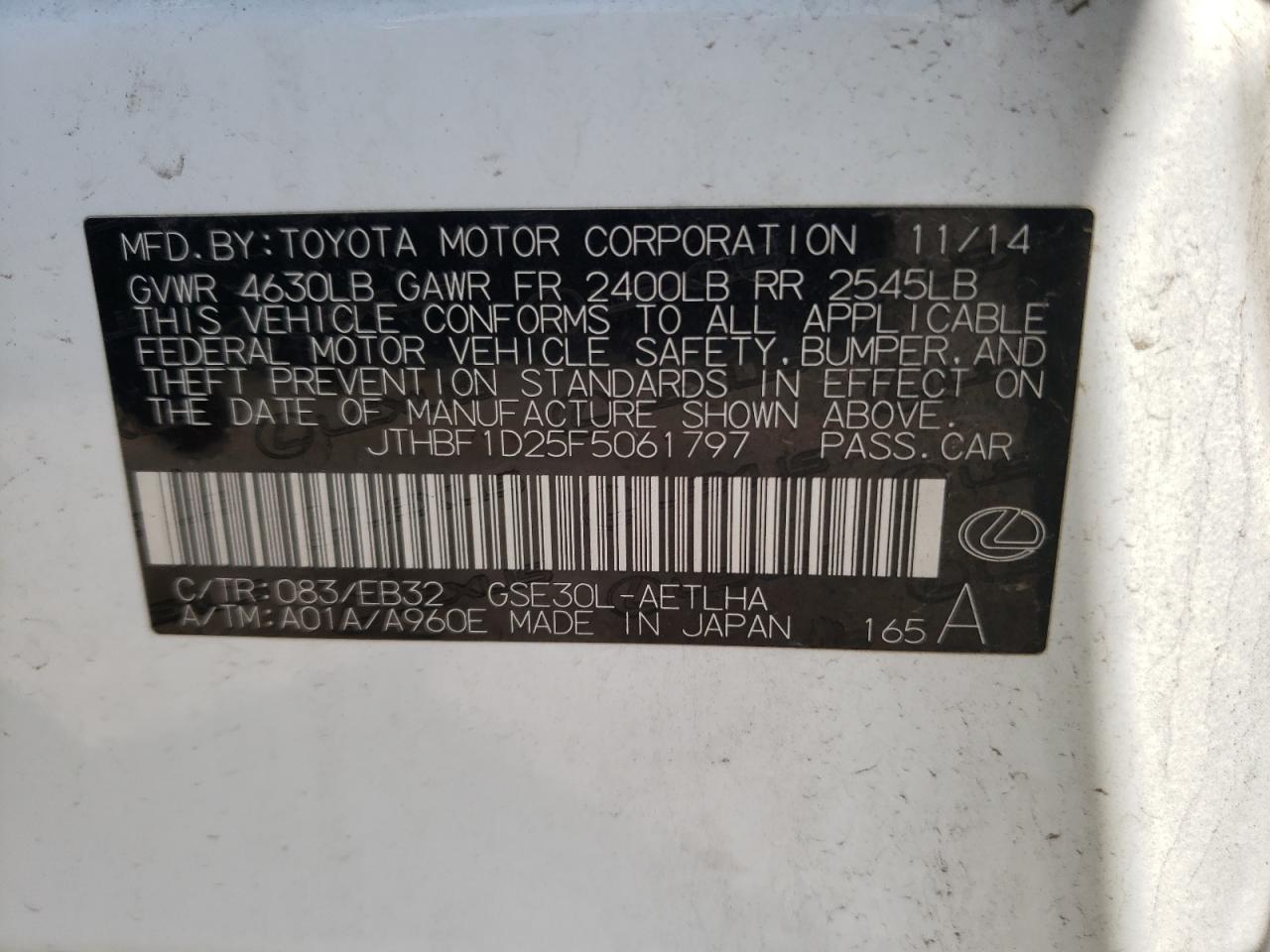 Photo 10 from auction – 2015 LEXUS IS 250 with VIN JTHBF1D25F5061797