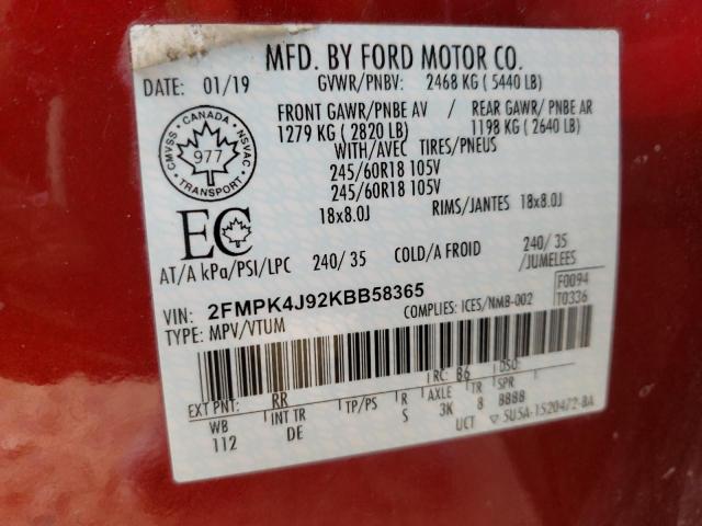 Photo 10 from auction – 2019 FORD EDGE SEL with VIN 2FMPK4J92KBB58365